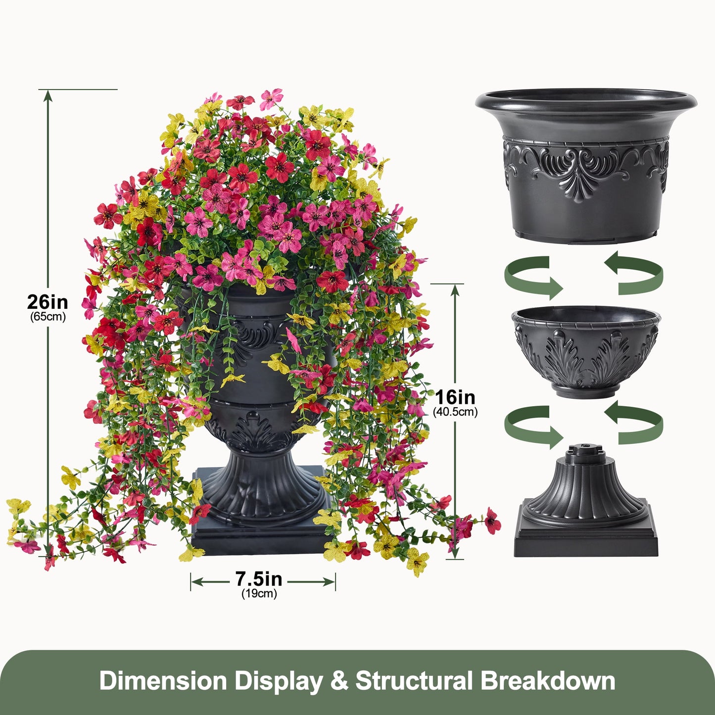 DR.Planzen 2Pack Artificial Lobelia in Charming Urn Planter Set, 25.6 Inch (0.65m) Tall Lifelike Faux Flowers, Pre-Potted with Tray for Indoor Home and Patio Decor