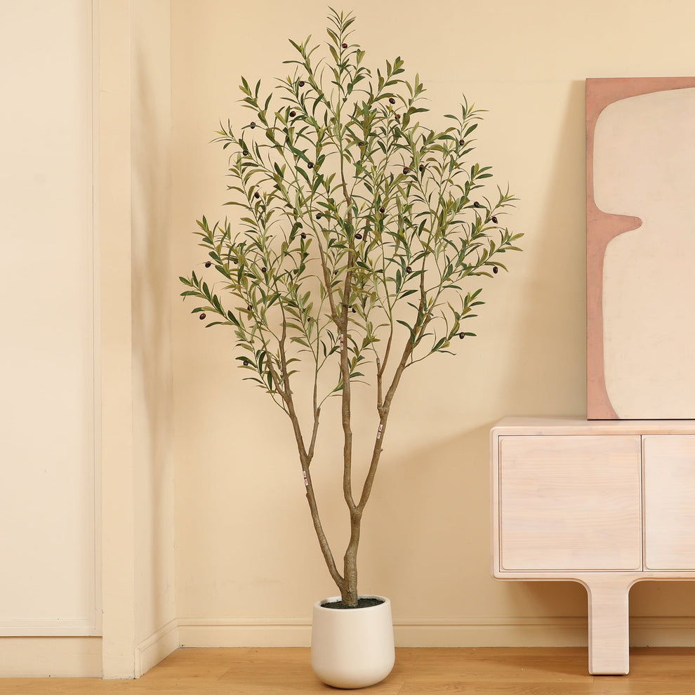 7ft Fake Plastic Olive Tree with Oval White Planter, Pre Potted Faux G ...