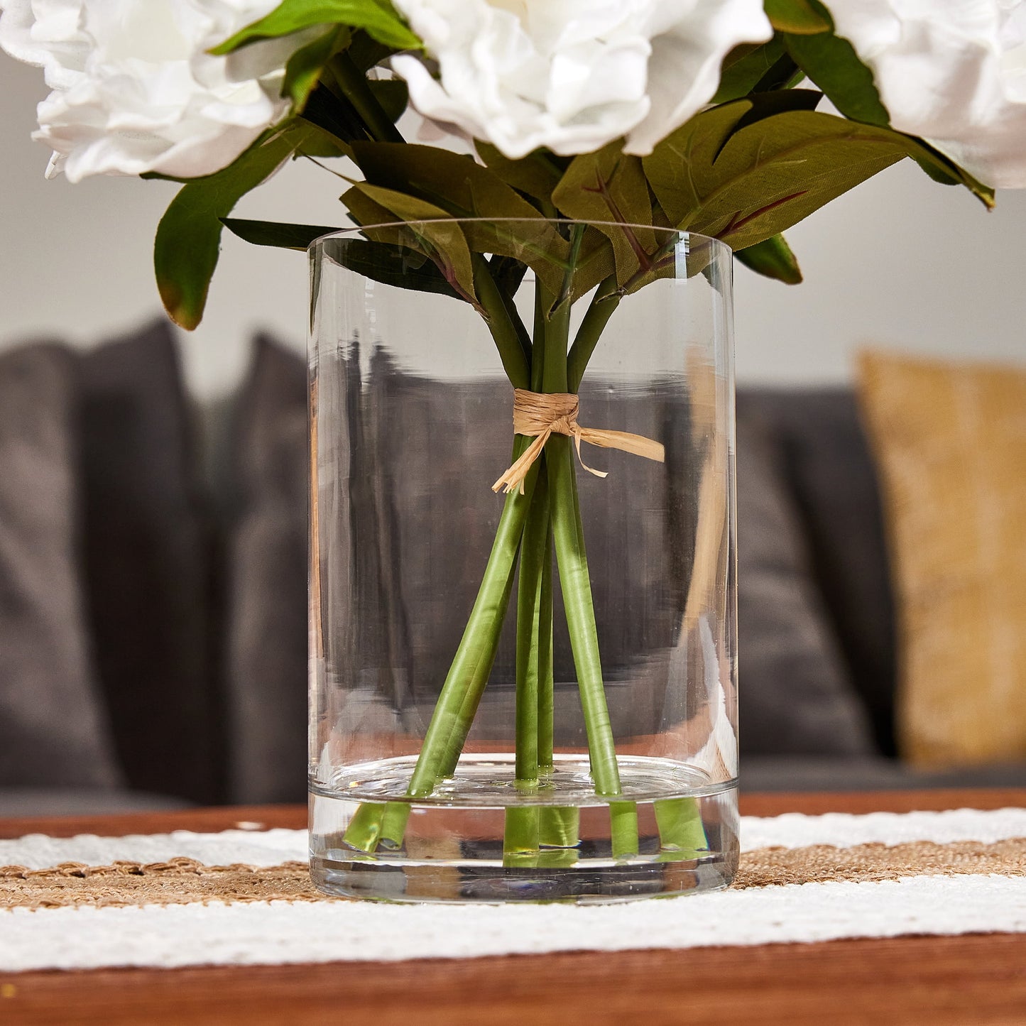 DR.Planzen Artificial White Peony Bouquet in Cylinder Vase with Faux Water, 6 Stems with 6 Realistic White Peony Blooms, 10.6" Tall Ready-to-Use Home Office Centerpiece Decor