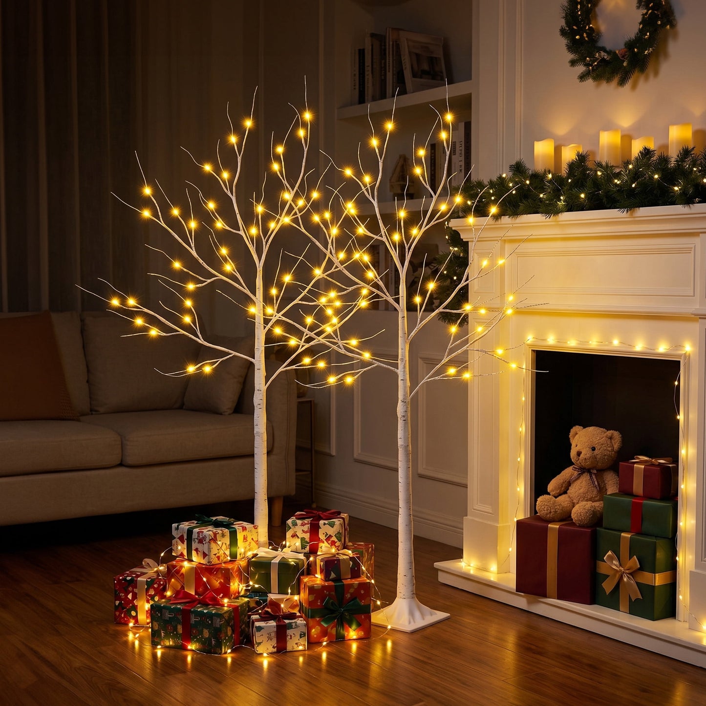 LED Birch Tree Light 2 Pack 4 ft Artificial Pre-lit Trees - with Plug-in Warm Lights - Indoor Outdoor Christmas Holiday Wedding Decor for Home Party