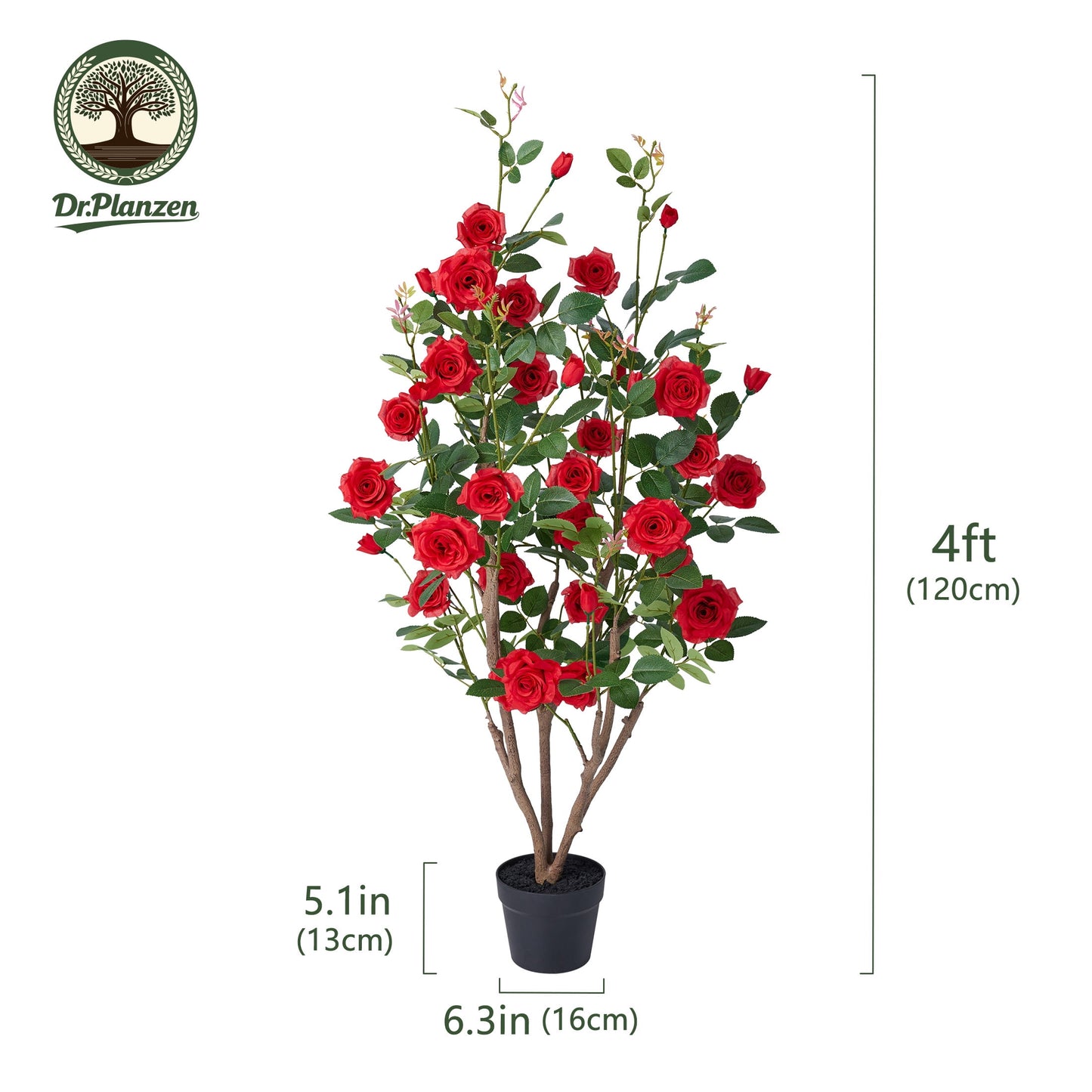 DR.Planzen 4ft Artificial Red Rose Tree with Green Leaves, Lifelike Faux Rose Flower Tree for Home Decor Indoor Outdoor, Living Room Office Decoration