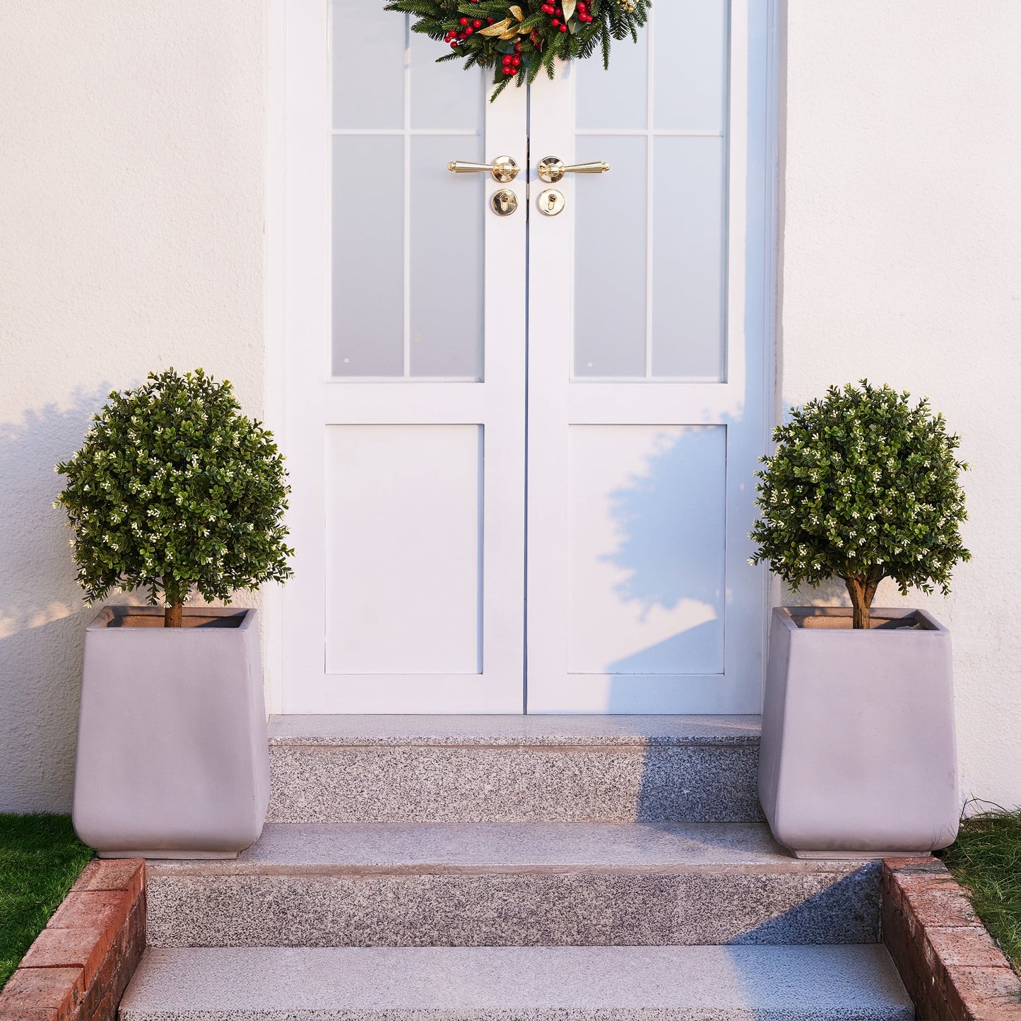 DR.Planzen 2 Pack 16'' Artificial Boxwood Topiary Ball Plant with White Flowers, Fake Flowering Shrub with Ground Spike, UV Resistant Faux Outdoor Greenery for Garden Porch Decor