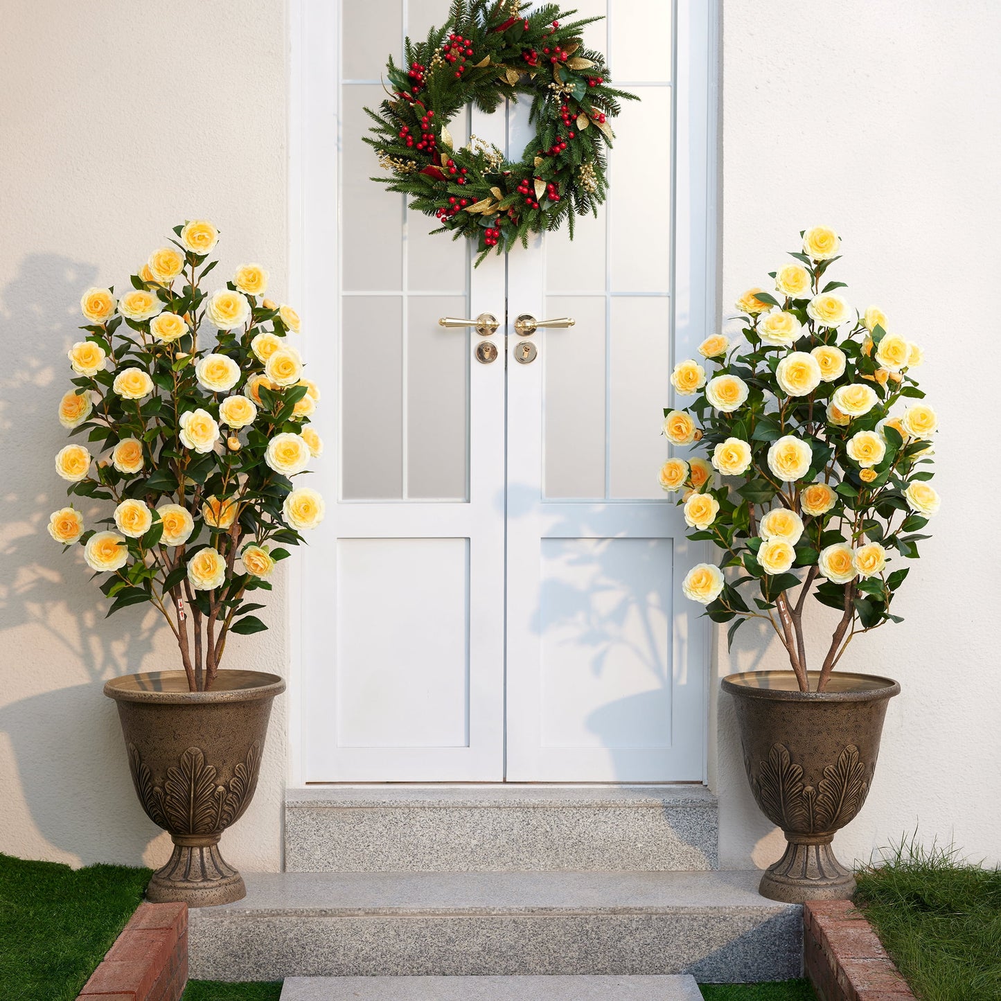 Artificial Camellia Tree 4FT Tall Faux Camellia Plant UV Resistant Fake Flowering Tree Potted ¨C 48 Blooming Yellow Flowers & 348 Silk Leaves, Artificial Plant Indoor Outdoor Decor for Living Room Por