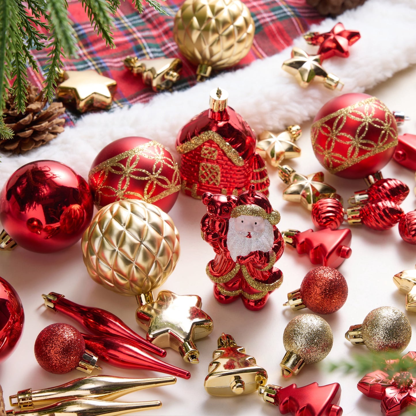 DR.Planzen 44ct Red Gold & White Christmas Ornaments Set, Assorted 2.36" & 1.18" Embossed Glazed Holiday Balls with Santa & Houses, Indoor Xmas Decor