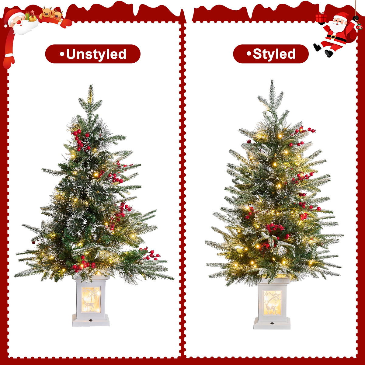 DR.Planzen 3 FT Pre-Lit Christmas Trees, 78 Warm White LEDs Each, 8 Light Modes & Timer, Artificial Trees with Lighted White Pedestal Bases, 2 Pack