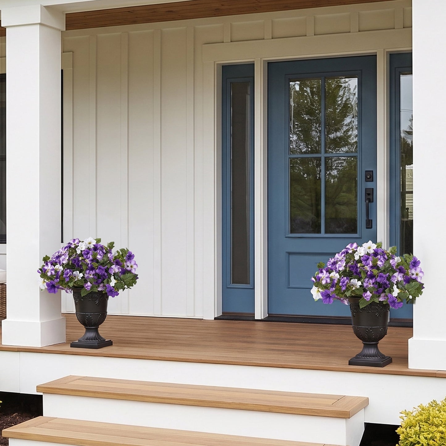 2 Pack 28in Artificial Morning Glory Flowers Faux Flowers Potted Plants Porch Decor - 81 Purple White Blooms in Black Urn Planter - Indoor Covered Porch Decor for Entryway Patio Home Office