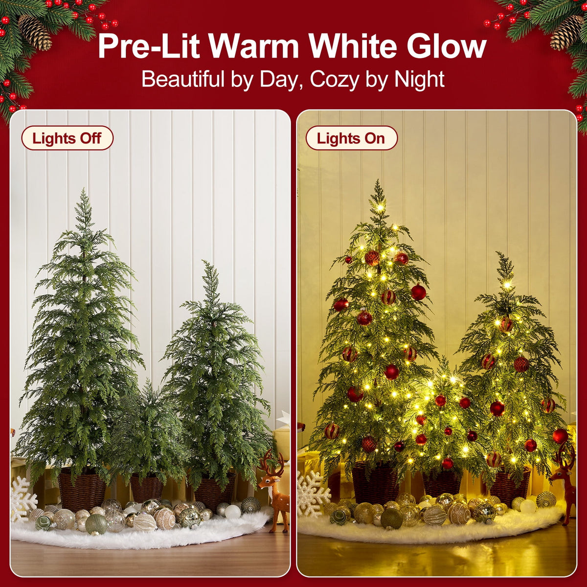 DR.Planzen 24/36/48 Inch Pre-Lit Cypress Topiary Set, 3 Pack Artificial Xmas Trees with Woven Baskets & Breathing LEDs, Indoor Home Decor