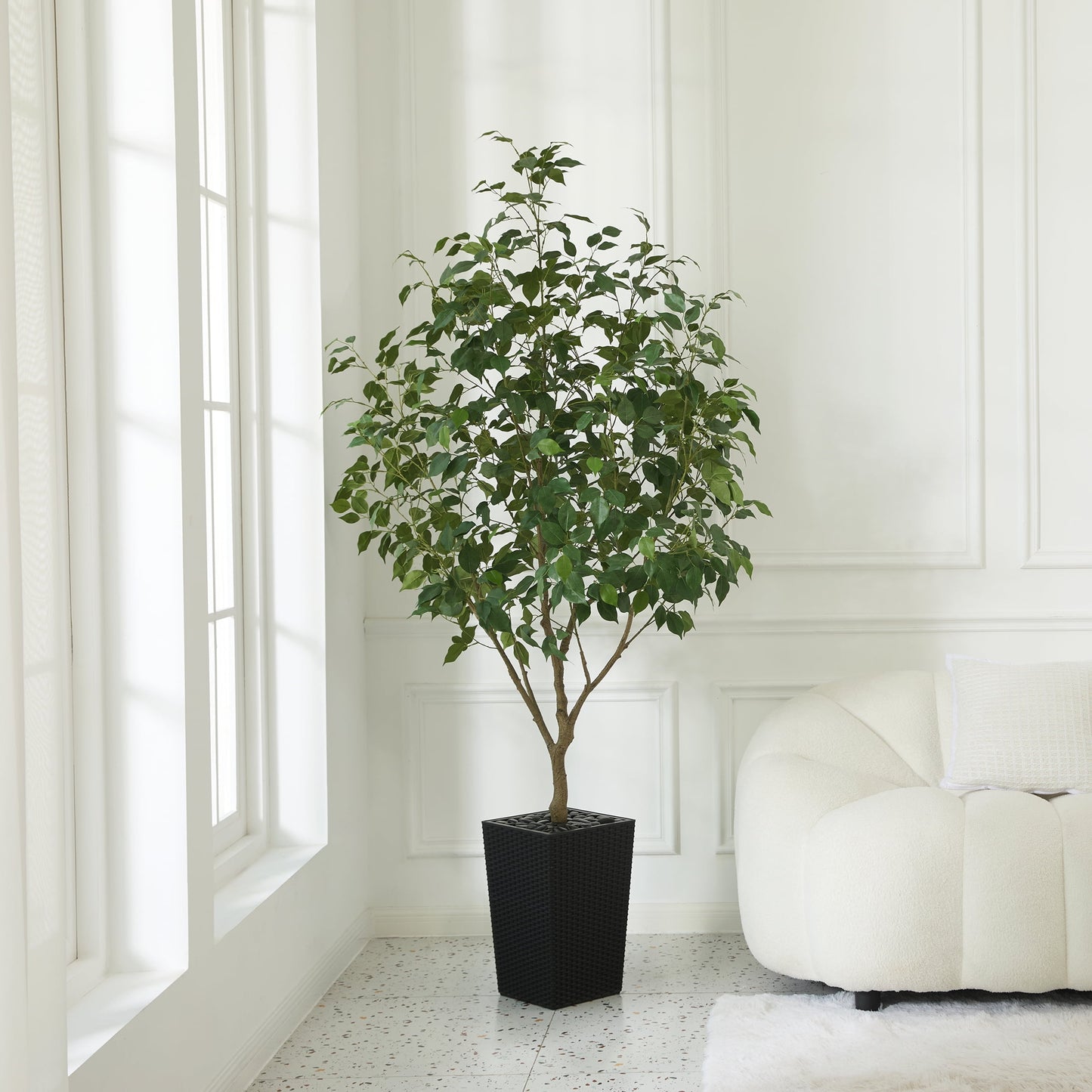 DR.Planzen Artificial Ficus Tree 6ft - UV Protected Faux Ficus Plant with Adjustable Branches and Realistic Green Leaves for Indoor & Outdoor Decor, Black Large Planter with River Rocks