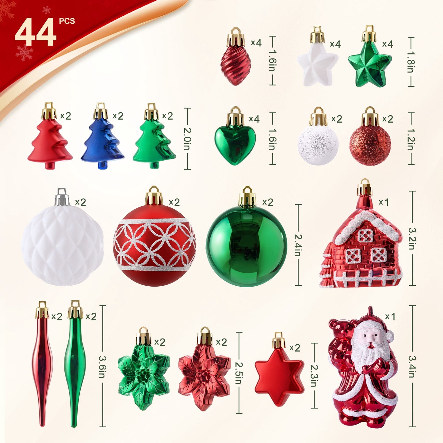 DR.Planzen 44ct Red Green & White Christmas Ornaments Set, Assorted 2.36" & 1.18" Embossed Glazed Holiday Balls with Snowflakes & Houses, Indoor Xmas Decor