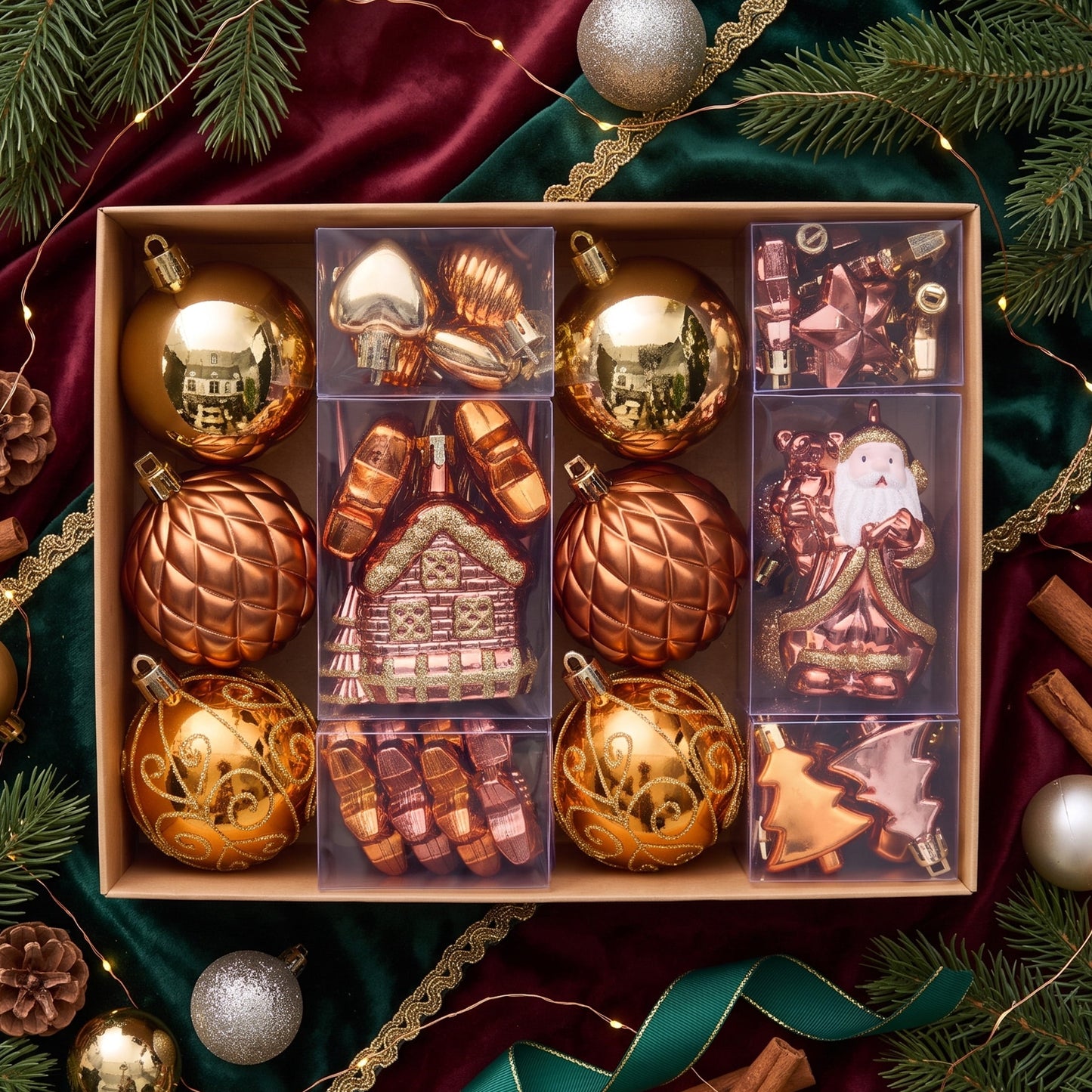DR.Planzen 44ct Brown Gold & White Christmas Ornaments Set, Assorted 2.36" & 1.18" Embossed Glazed Holiday Balls with Trees & Hearts, Indoor Rustic Decor