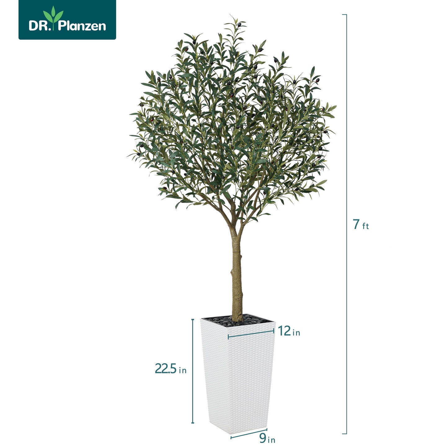 DR.Planzen UV Resistant 7ft Artificial Olive Tree in White Large Planter with Pebbles¨C Faux Olive Tree for Indoor and Outdoor Decor, Lifelike Greenery for Home & Garden Decor