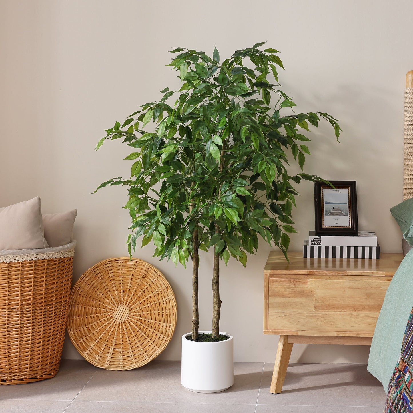 DR.Planzen 4.5ft Artificial Ficus Tree with White Planter, Tall Faux Ficus Tree, Artificial Plants for Home Office Decor