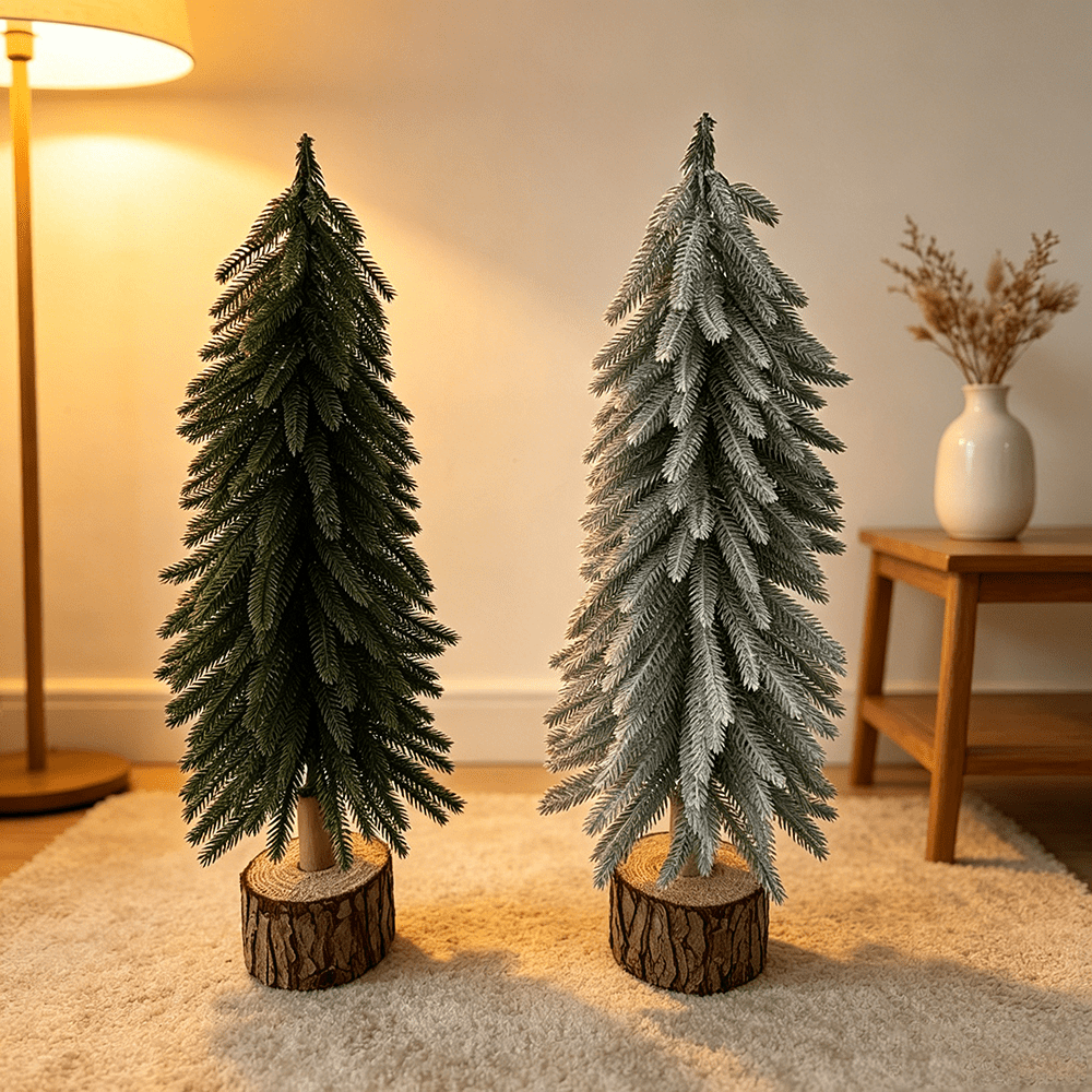DR.Planzen Mini Pine Tree 2 Pack 19 Inch with Wood Base, Green & Snowy White Tabletop Christmas Tree, Small PE Artificial Christmas Trees for Christmas Decorations Mantel Shelf Office