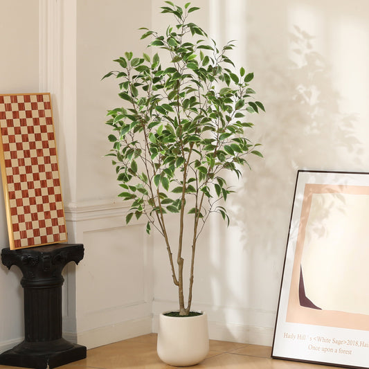 6ft Fake Ficus Tree with Oval White Planter, Pre Potted Faux Greenry Plant for Home Decor Office House Living Room Indoor Outdoor, Big Fake Plants Fake House Plants