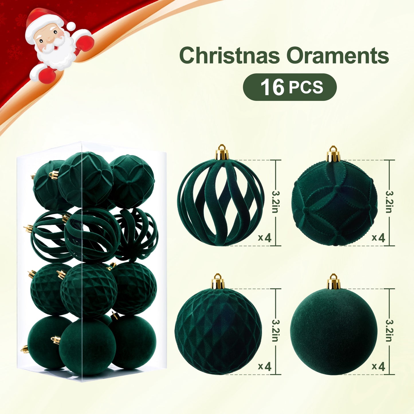DR.Planzen 16ct 3.15" Dark Green Flocked Christmas Ornaments, Soft Velvet Foam Balls for Holiday Tree Decor, Shatterproof Indoor Xmas Decorations