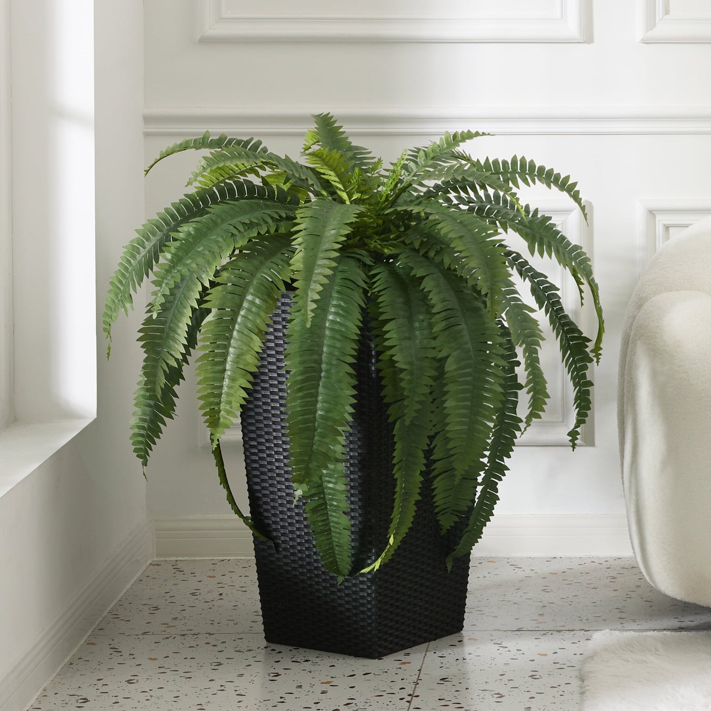 DR.Planzen 2 Pack Artificial Boston Fern Bush Plant with Black Tapered Planter - UV Resistant Faux Ferns with 39 Leaves