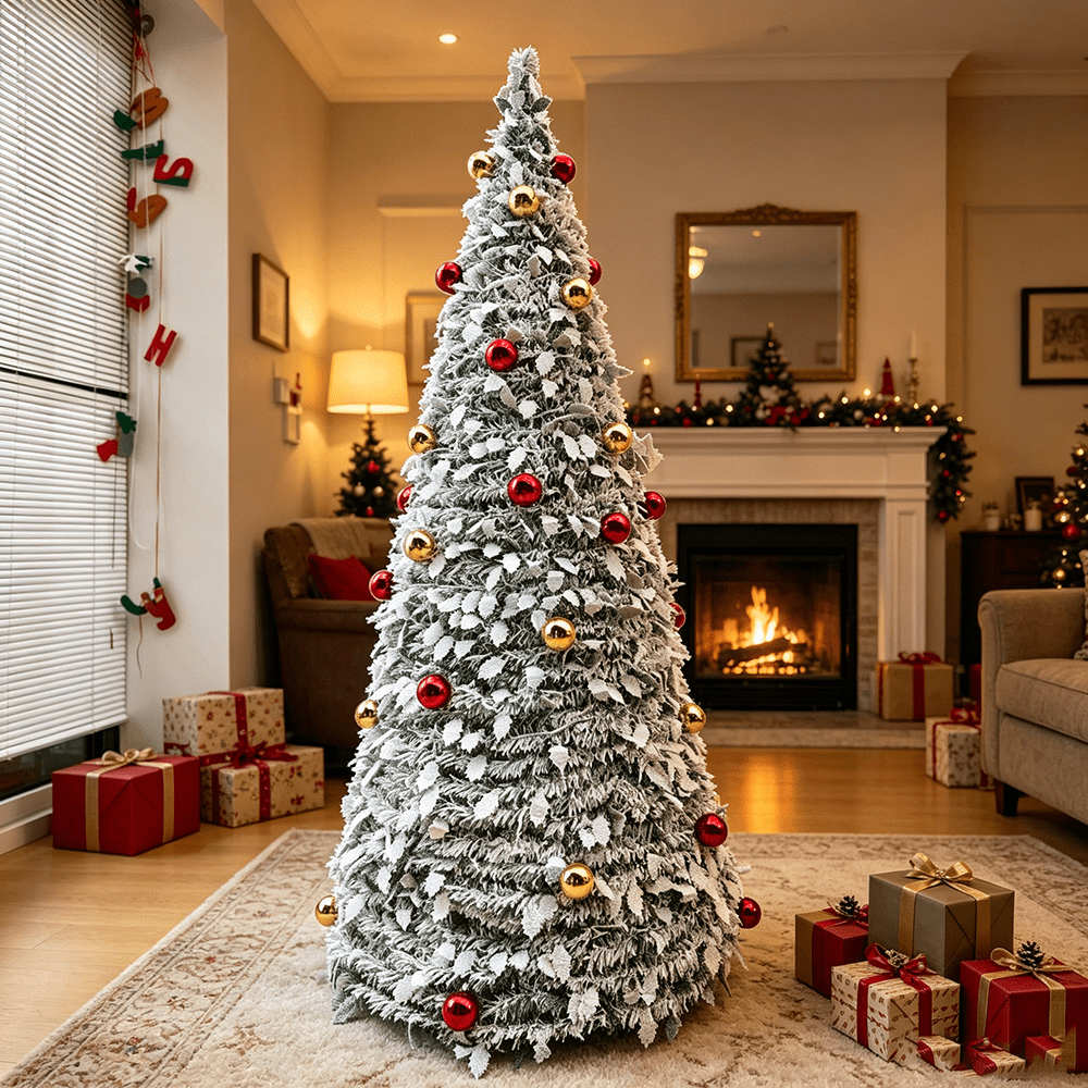 7 ft Flocked Christmas Tree with Lights - Artificial Christmas Tree, Foldable Snow Christmas Tree, Prelit Xmas Tree with Ornaments and Plastic Stand for Indoor Holiday Decorations