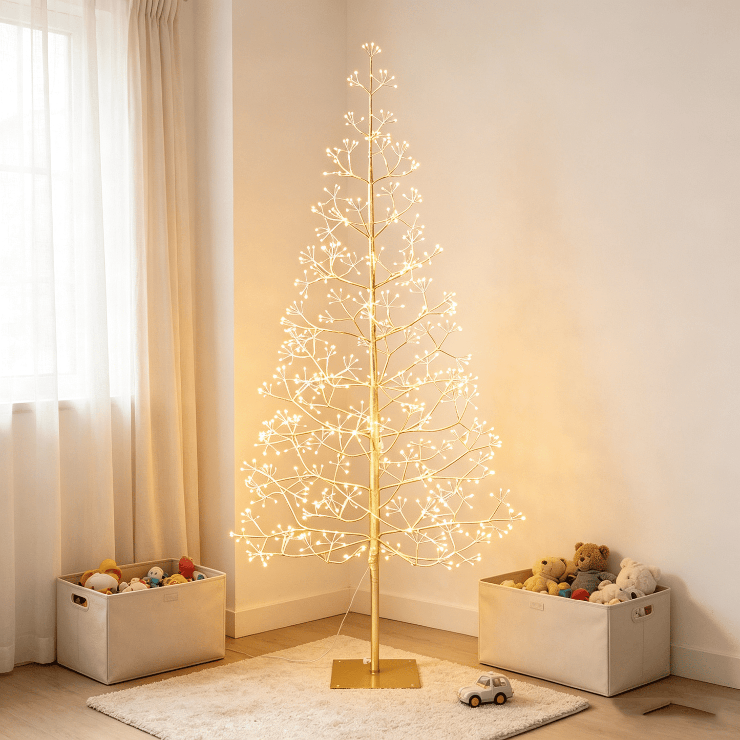 DR.Planzen 5ft Pre-Lit Starburst Artificial Christmas Tree with 650 Warm White Twinkling LED Lights, Slim Gold Tinsel Xmas Tree with Metal Base, Indoor Outdoor Holiday Decor