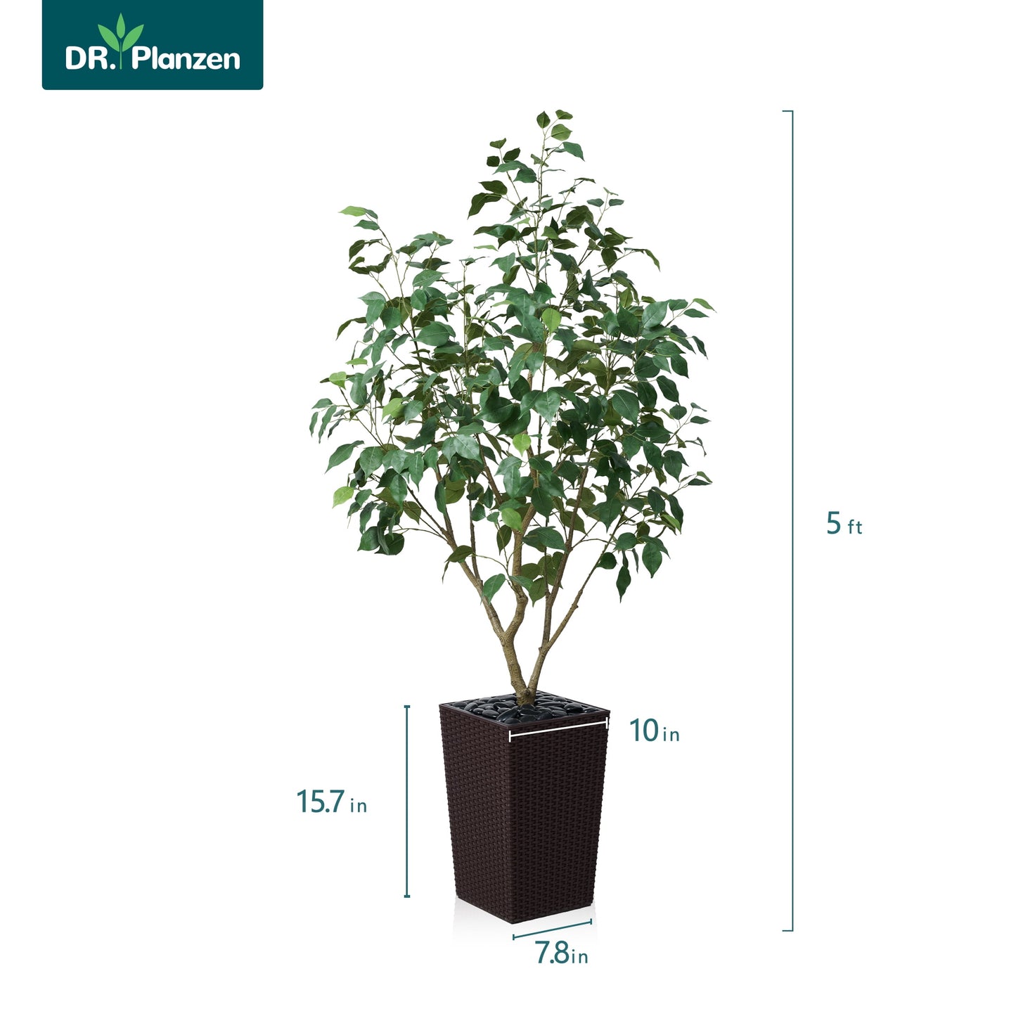 DR.Planzen Artificial Ficus Tree 5ft - UV Protected Faux Ficus Plant with Adjustable Branches and Realistic Green Leaves for Indoor & Outdoor Decor, Brown Large Planter with River Rocks