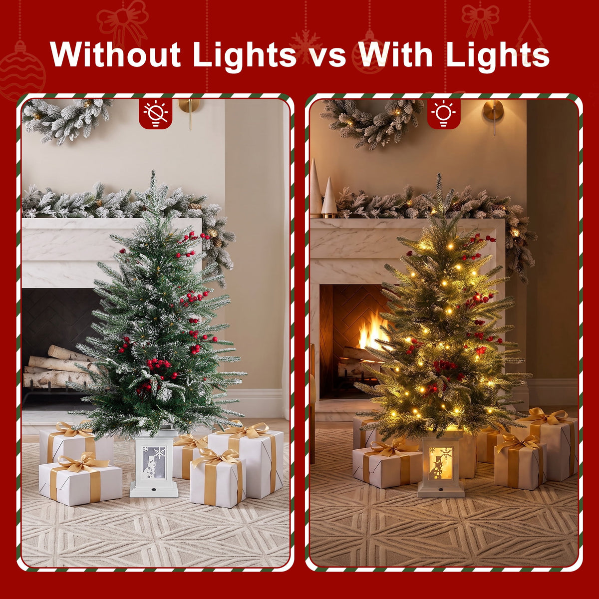 DR.Planzen 3 FT Pre-Lit Christmas Trees, 78 Warm White LEDs Each, 8 Light Modes & Timer, Xmas Trees with Lighted White Pedestal Bases, 2 Pack