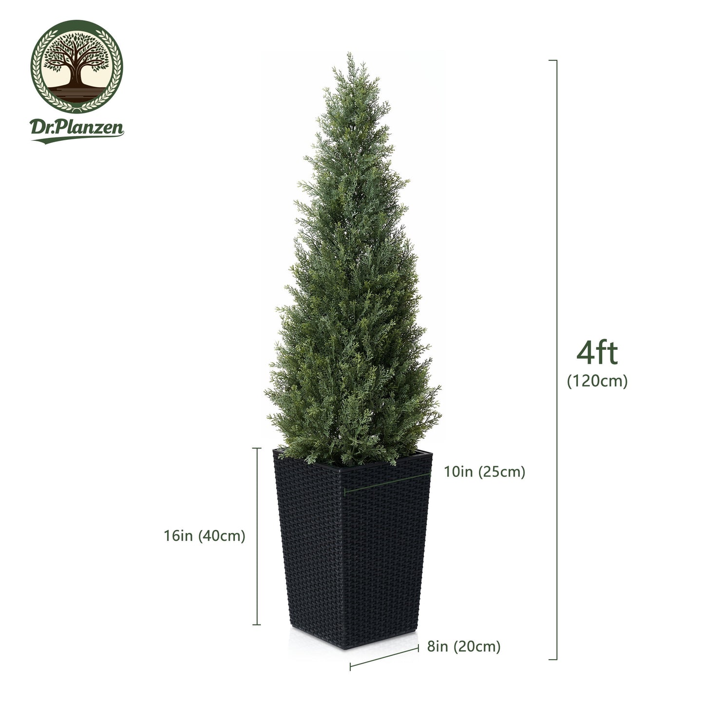DR.Planzen 4ft Artificial Cedar Topiary Tree with Black Planter - UV Resistant Faux Cypress Tree for Porch Decor Fake Pine Tree for Perfect Housewarming Gift