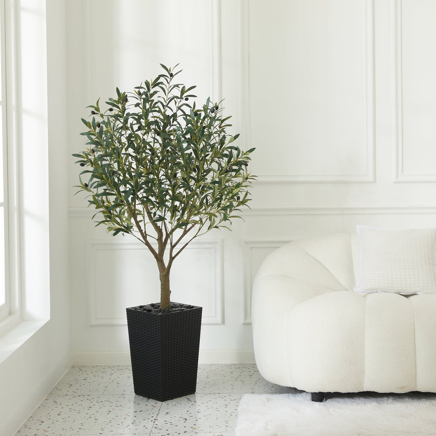 DR.Planzen UV Resistant 5ft Artificial Olive Tree in Black Large Planter with Pebbles¨C Faux Olive Tree for Indoor and Outdoor Decor, Lifelike Greenery for Home & Garden Decor