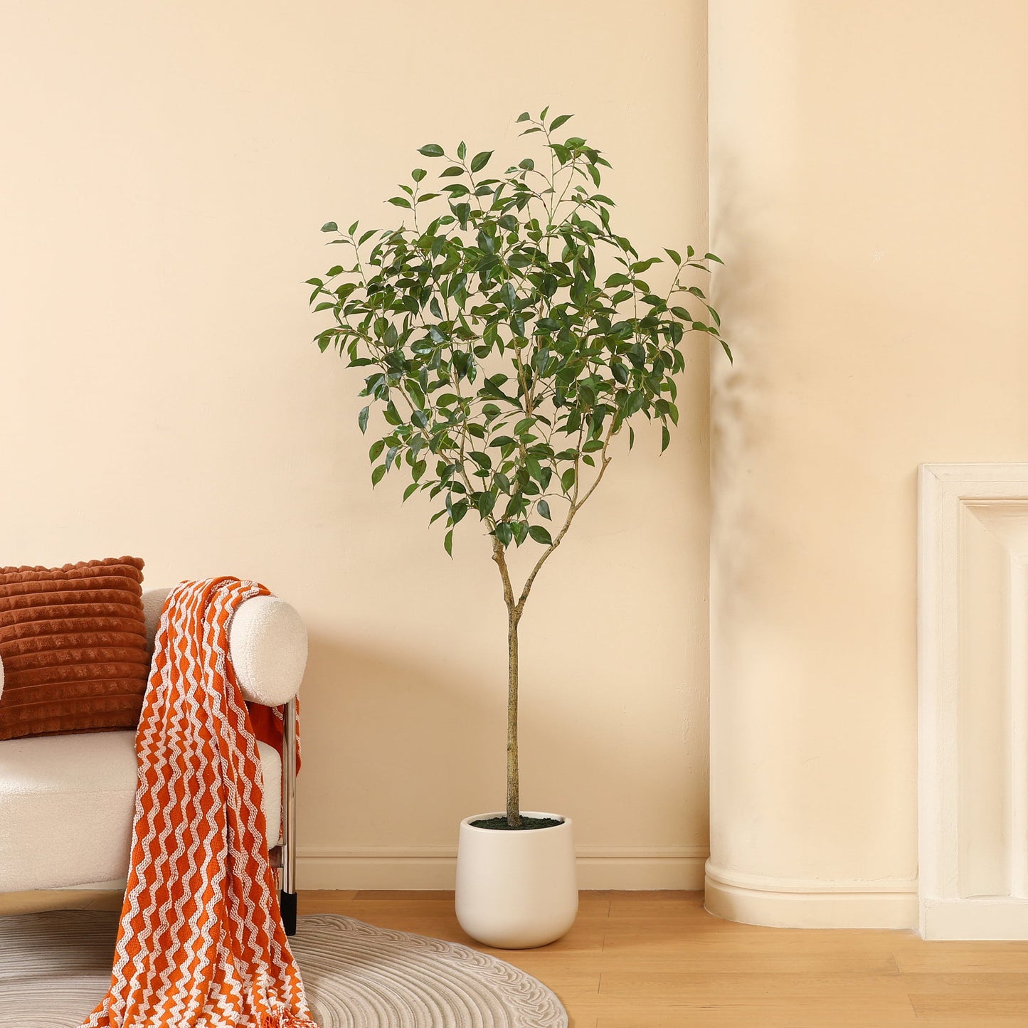DR.Planzen 6ft Fake Ficus Tree with Oval White Planter, Pre Potted Faux Greenry Plant for Home Decor Office House Living Room Indoor Outdoor, Big Fake Plants Fake House Plants