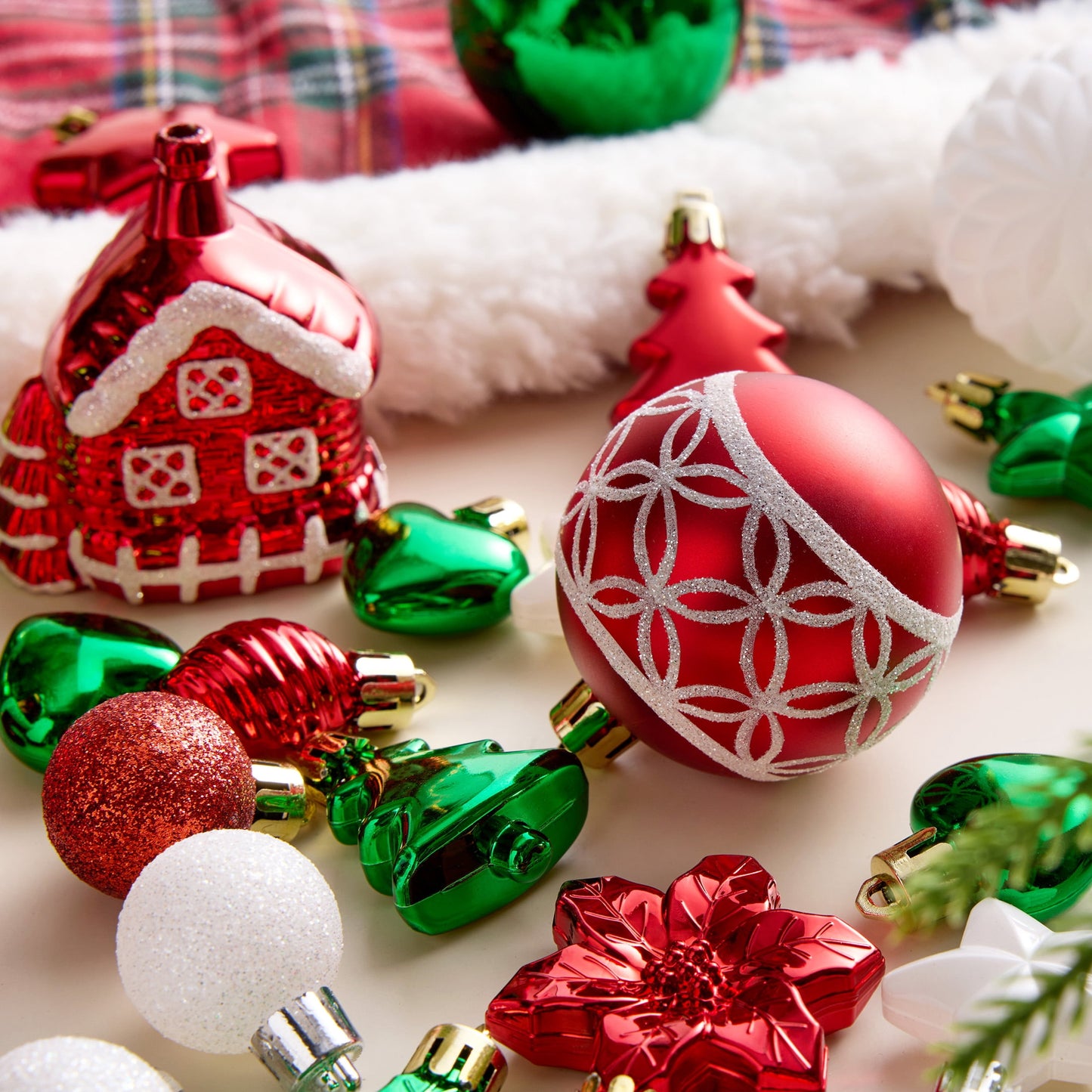 DR.Planzen 44ct Red Green & White Christmas Ornaments Set, Assorted 2.36" & 1.18" Embossed Glazed Holiday Balls with Snowflakes & Houses, Indoor Xmas Decor