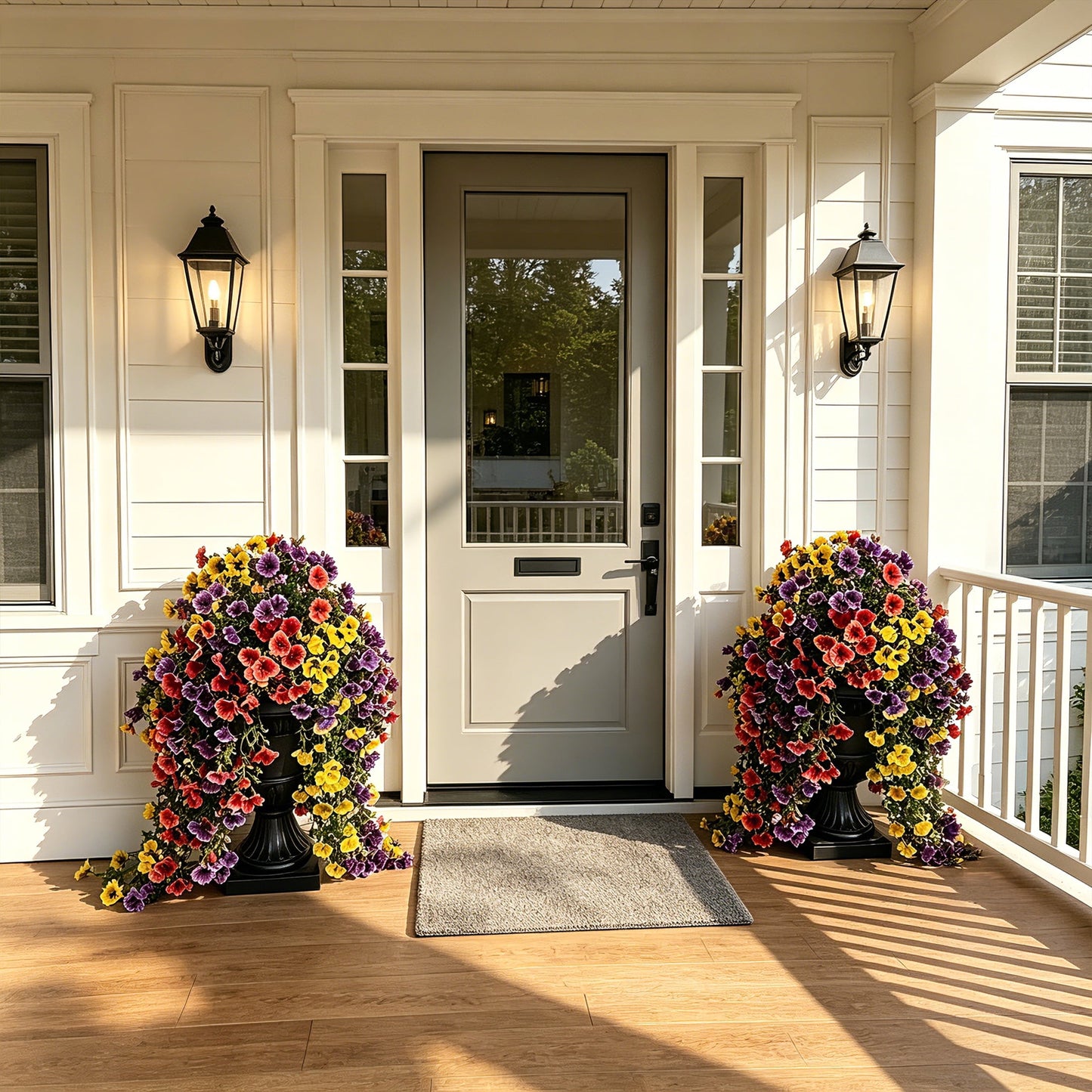 26in Artificial Pansy Flowers, Faux Hanging Flowers, Fake Outdoor Flowers, Pansy Arrangement - 660 Blooms in Black Urn Planter - Spring Decor for Covered Porch Patio Entryway