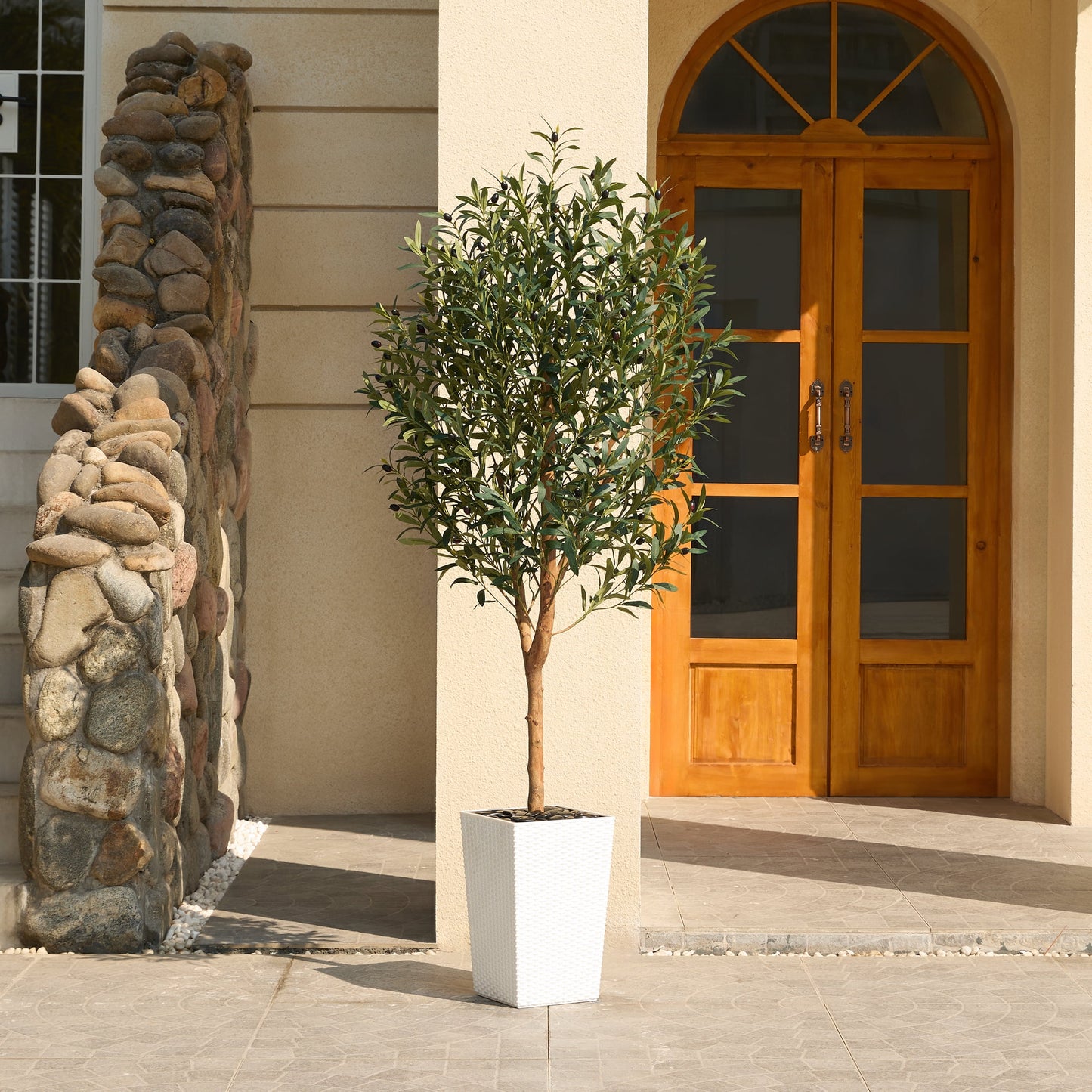 DR.Planzen UV Resistant 6ft Artificial Olive Tree with Natural Wood Branches and Realistic Silk Leaves,Faux Olive Tree for Indoor and Outdoor Decor - White Large Planter with Pebbles