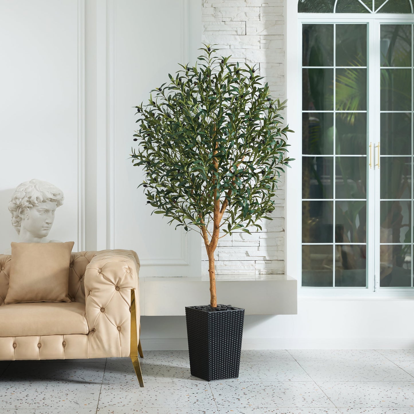 DR.Planzen UV Resistant 6ft Artificial Olive Tree with Natural Wood Branches and Realistic Silk Leaves,Faux Olive Tree for Indoor and Outdoor Decor - Black Large Planter with Pebbles
