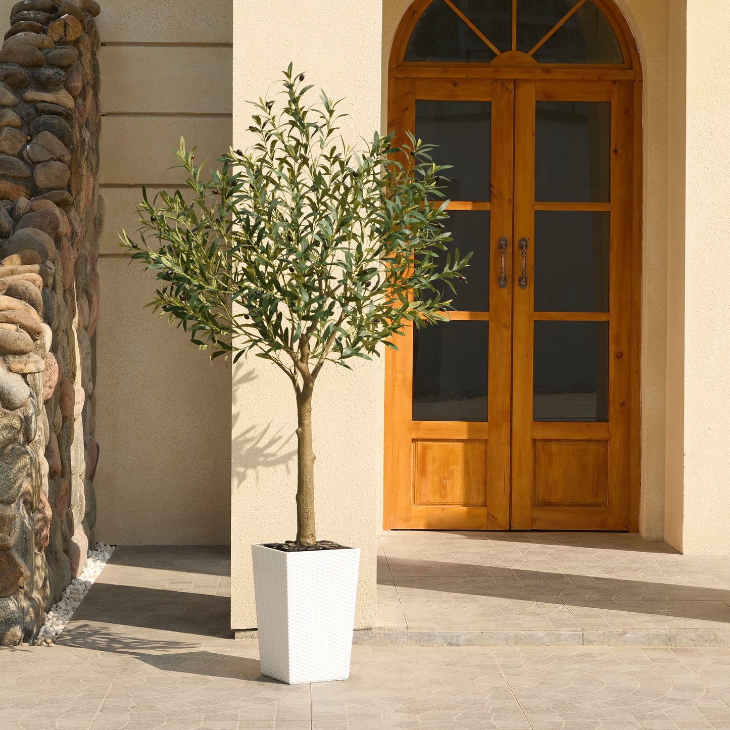DR.Planzen UV Resistant 6ft Artificial Olive Tree in White Large Planter with Pebbles¨C Faux Olive Tree for Indoor and Outdoor Decor, Lifelike Greenery for Home & Garden Decor