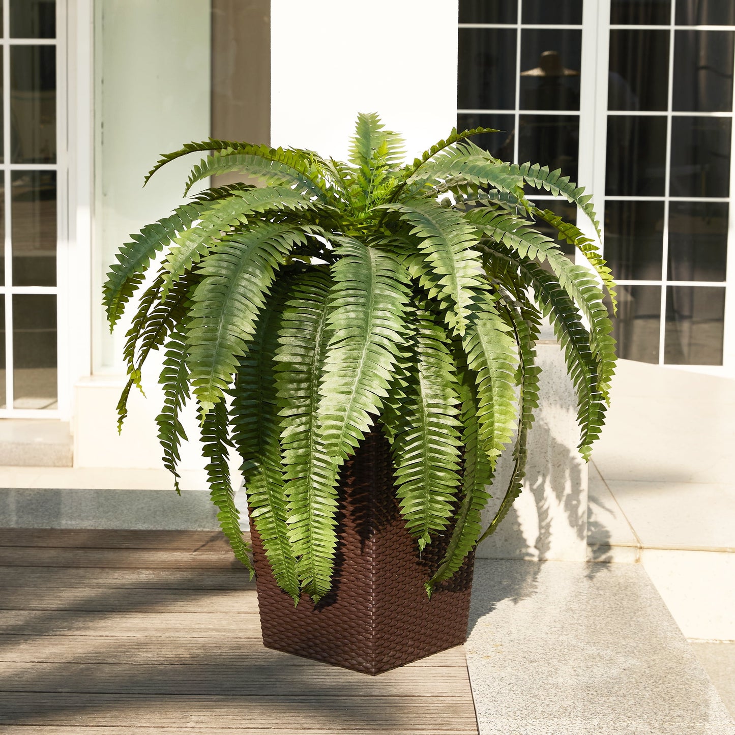 DR.Planzen 2 Pack Artificial Boston Fern Bush Plant with Brown Tapered Planter - UV Resistant Faux Ferns with 39 Leaves