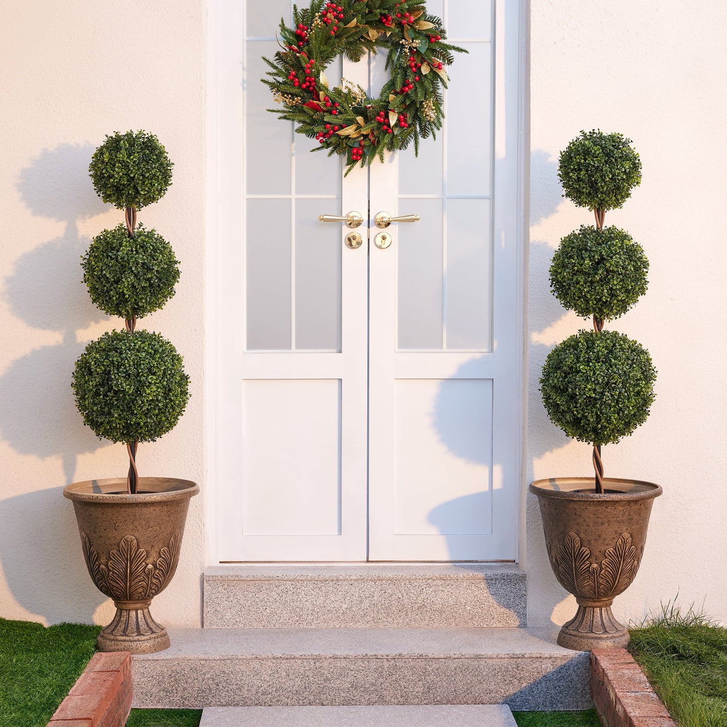 DR.Planzen 2 Pack 4ft Artificial Triple Ball Boxwood Topiary Tree, Realistic Faux Topiary Tree Indoor Outdoor, Low Maintenance Artificial Greenery for Patio Front Door Home Office