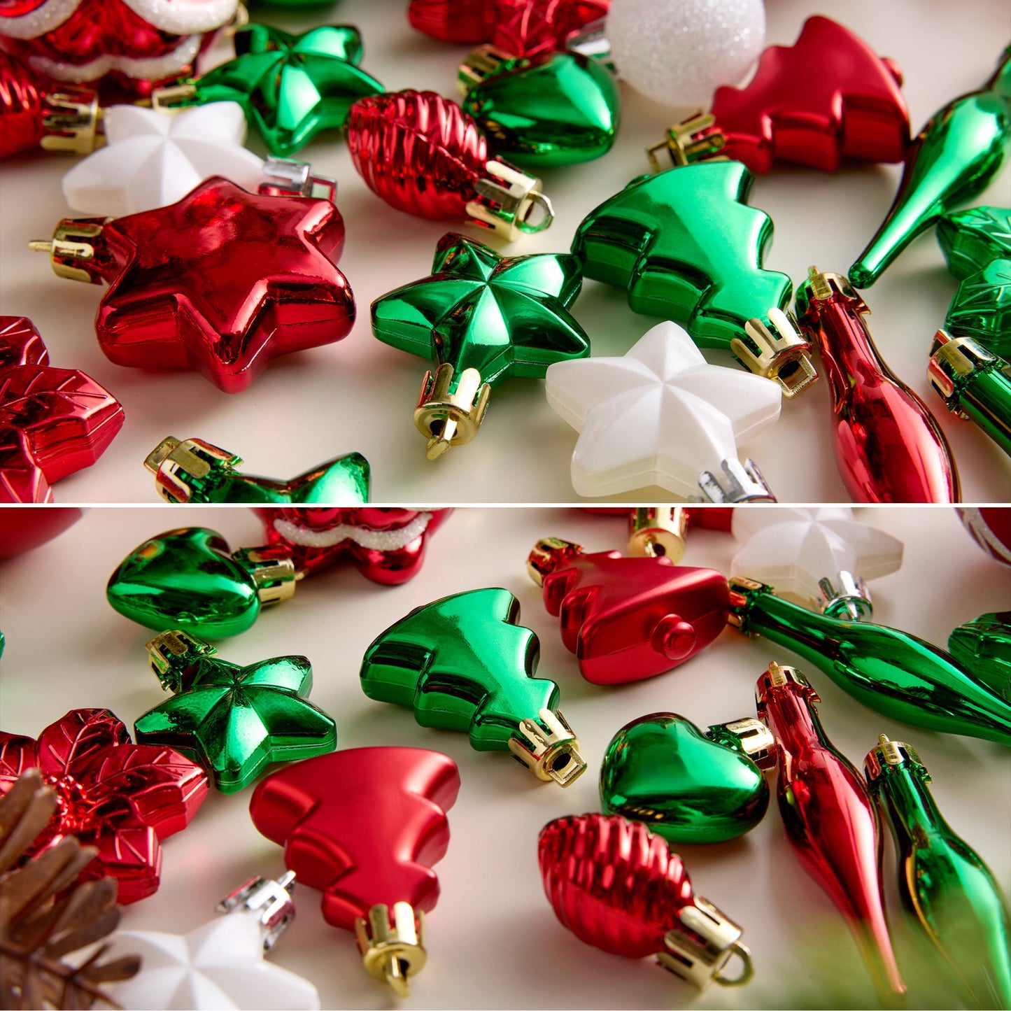 DR.Planzen 44ct Red Green & White Christmas Ornaments Set, Assorted 2.36" & 1.18" Embossed Glazed Holiday Balls with Snowflakes & Houses, Indoor Xmas Decor