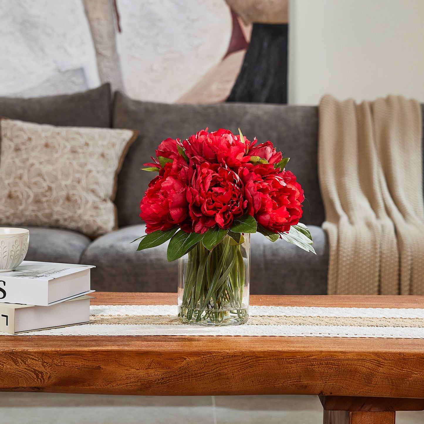 12in Artificial Peonies with Vase Fake Peony Flowers Red Artificial Flower Arrangement ¨C 9 Bloom Realistic Faux Peonies in Glass Vase with Faux Water for Table Centerpiece Wedding Home Office Decor