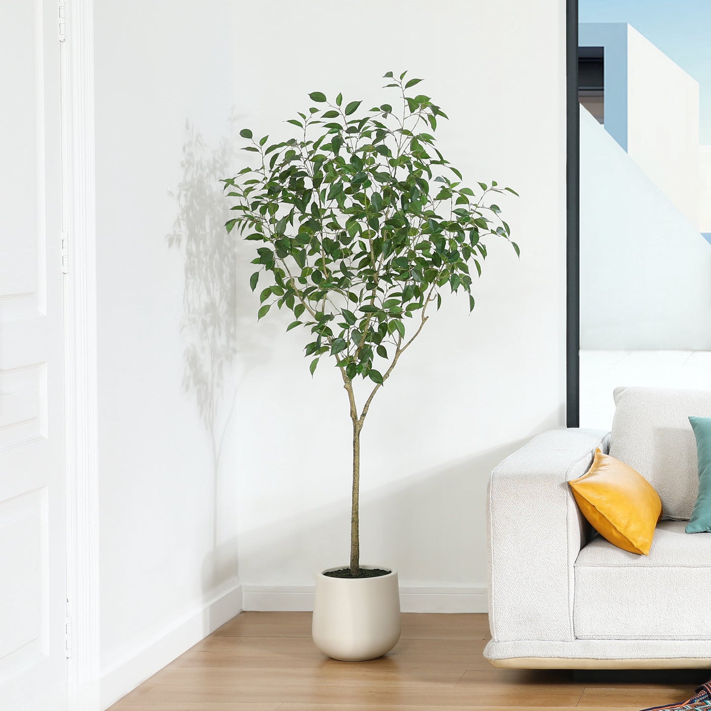 DR.Planzen 6ft Fake Ficus Tree with Oval White Planter, Pre Potted Faux Greenry Plant for Home Decor Office House Living Room Indoor Outdoor, Big Fake Plants Fake House Plants