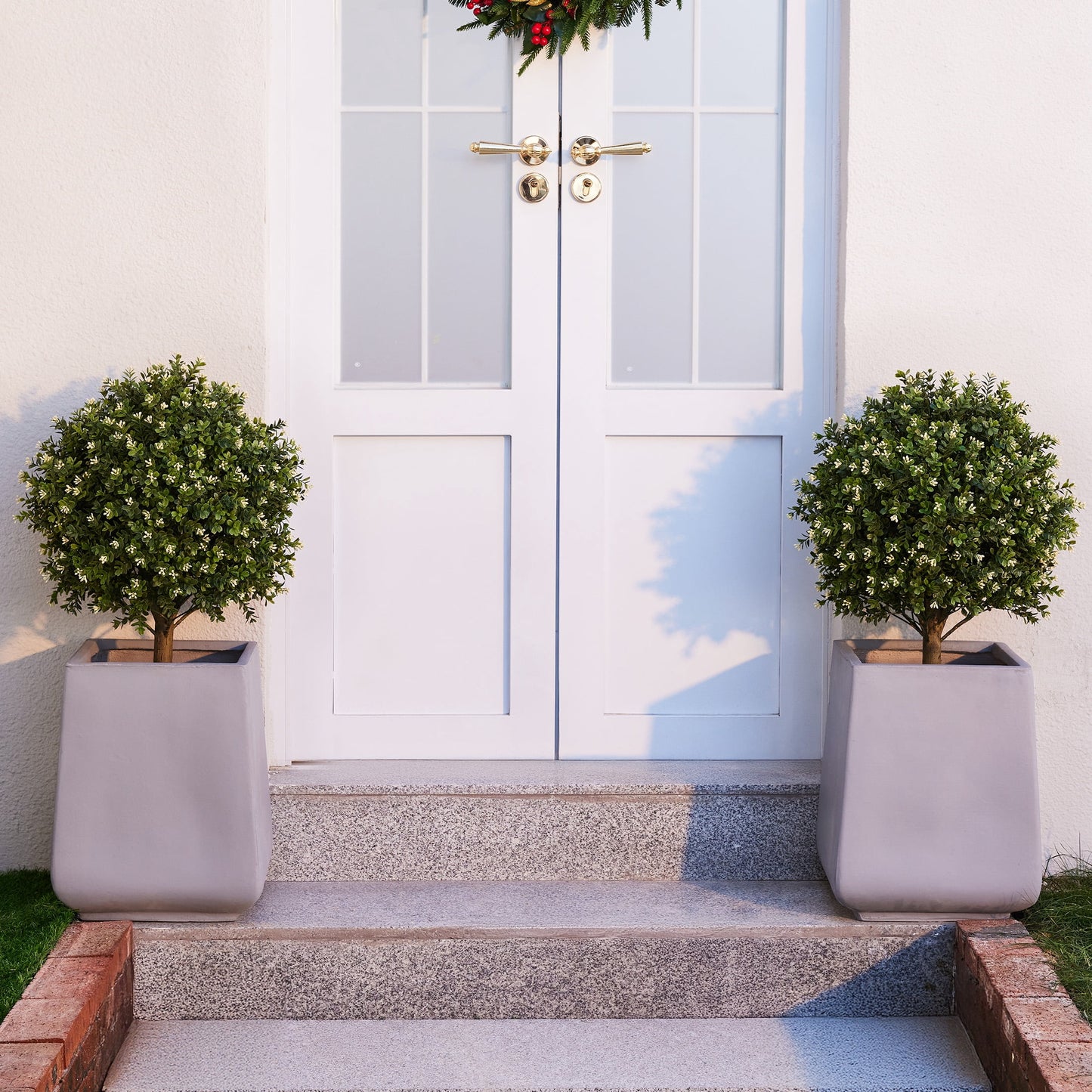 DR.Planzen 2 Pack 20'' Artificial Boxwood Topiary Ball Plant with White Flowers, Fake Flowering Shrub with Ground Spike, UV Resistant Faux Outdoor Greenery for Garden Porch Decor