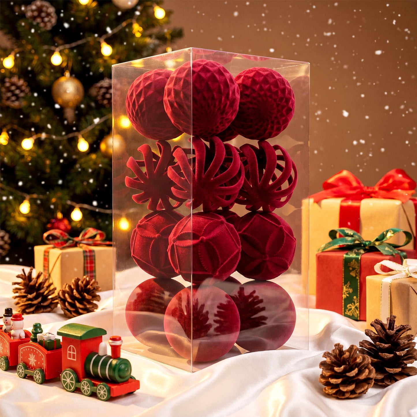 DR.Planzen 16ct 3.15" Burgundy Red Flocked Christmas Ornaments, Soft Velvet Foam Balls for Holiday Tree Decor, Non-Tarnish Indoor Xmas Decorations