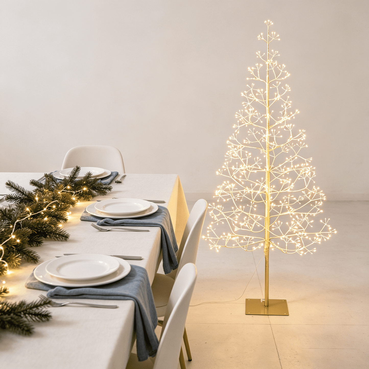 DR.Planzen 5ft Pre-Lit Starburst Artificial Christmas Tree with 650 Warm White Twinkling LED Lights, Slim Gold Tinsel Xmas Tree with Metal Base, Indoor Outdoor Holiday Decor