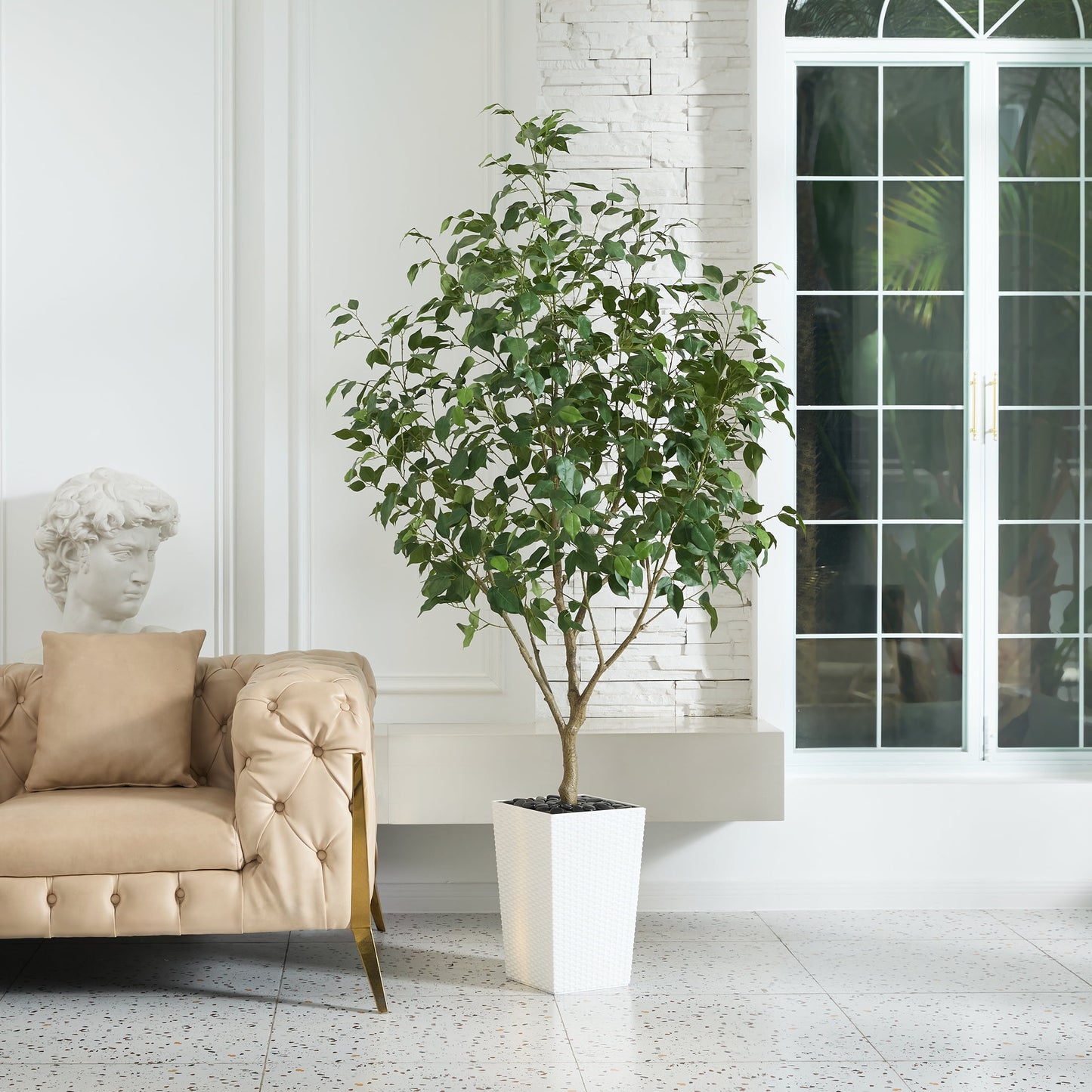 DR.Planzen Artificial Ficus Tree 6ft - UV Protected Faux Ficus Plant with Adjustable Branches and Realistic Green Leaves for Indoor & Outdoor Decor, White Large Planter with River Rocks