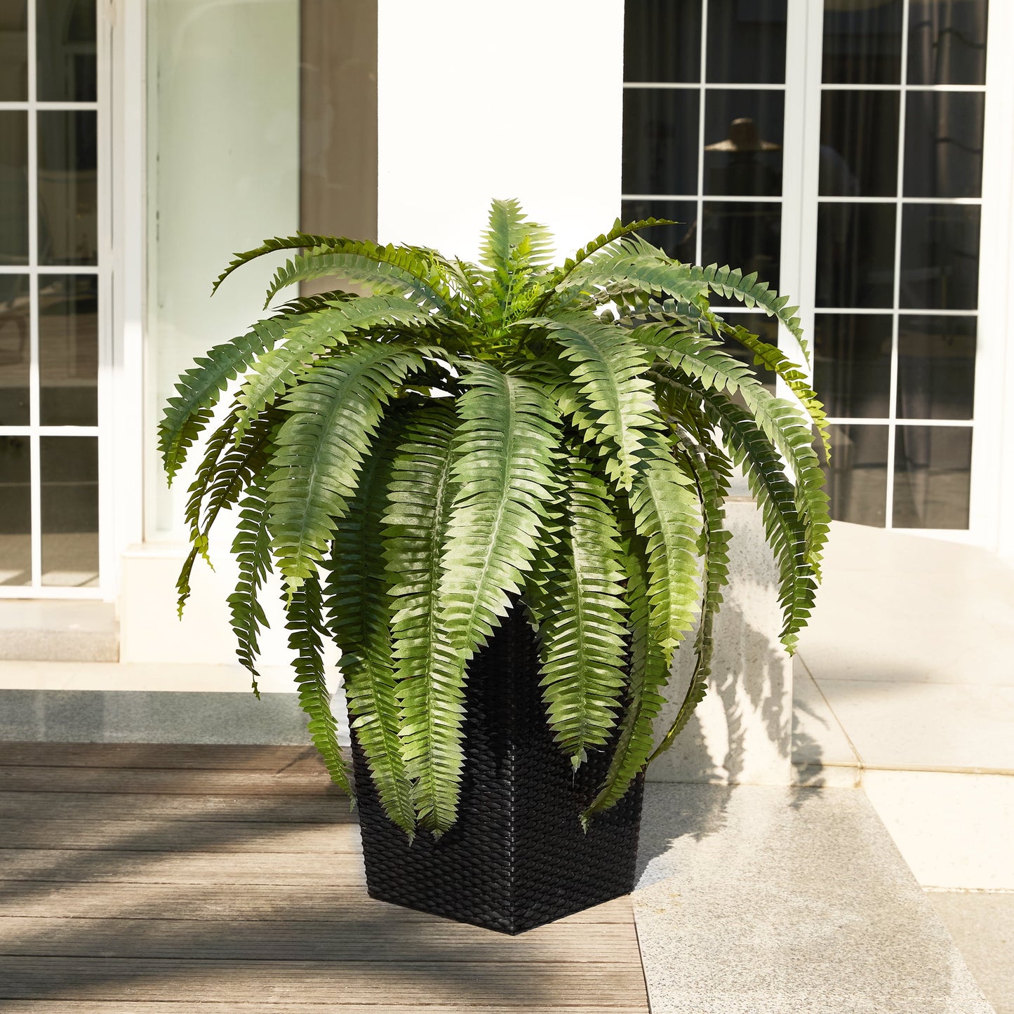 DR.Planzen 2 Pack Artificial Boston Fern Bush Plant with Black Tapered Planter - UV Resistant Faux Ferns with 39 Leaves
