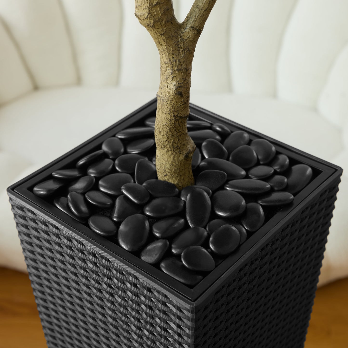 DR.Planzen Artificial Ficus Tree 5ft - UV Protected Faux Ficus Plant with Adjustable Branches and Realistic Green Leaves for Indoor & Outdoor Decor, Black Large Planter with River Rocks