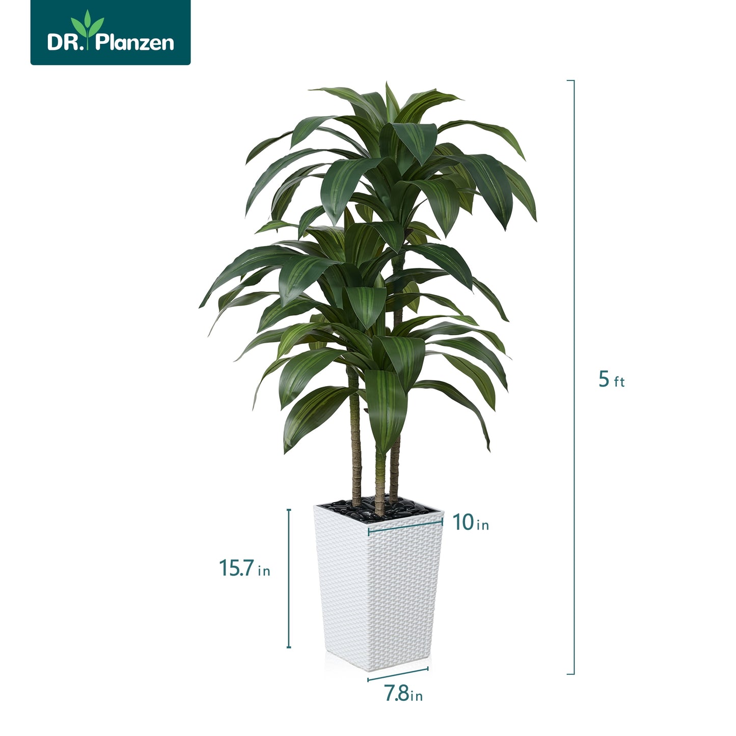 DR.Planzen Artificial Dracaena Tree 5ft - UV Protected Faux Dracaena Plant with 57 Green Leaves, Fake Tree for Indoor & Outdoor Use, Sturdy Tall Brown Planter with River Stones