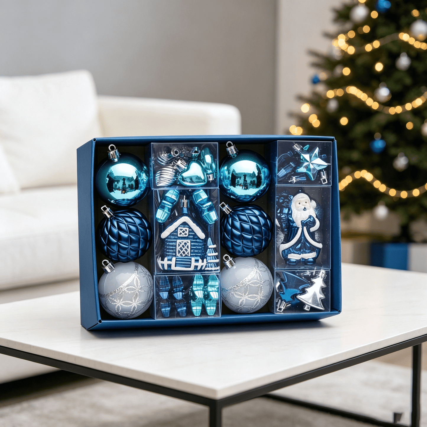 DR.Planzen 44ct Blue & White Christmas Ornaments Set, Assorted 2.36" & 1.18" Embossed Glazed Holiday Balls with Snowflakes & Stars, Indoor Winter Decor