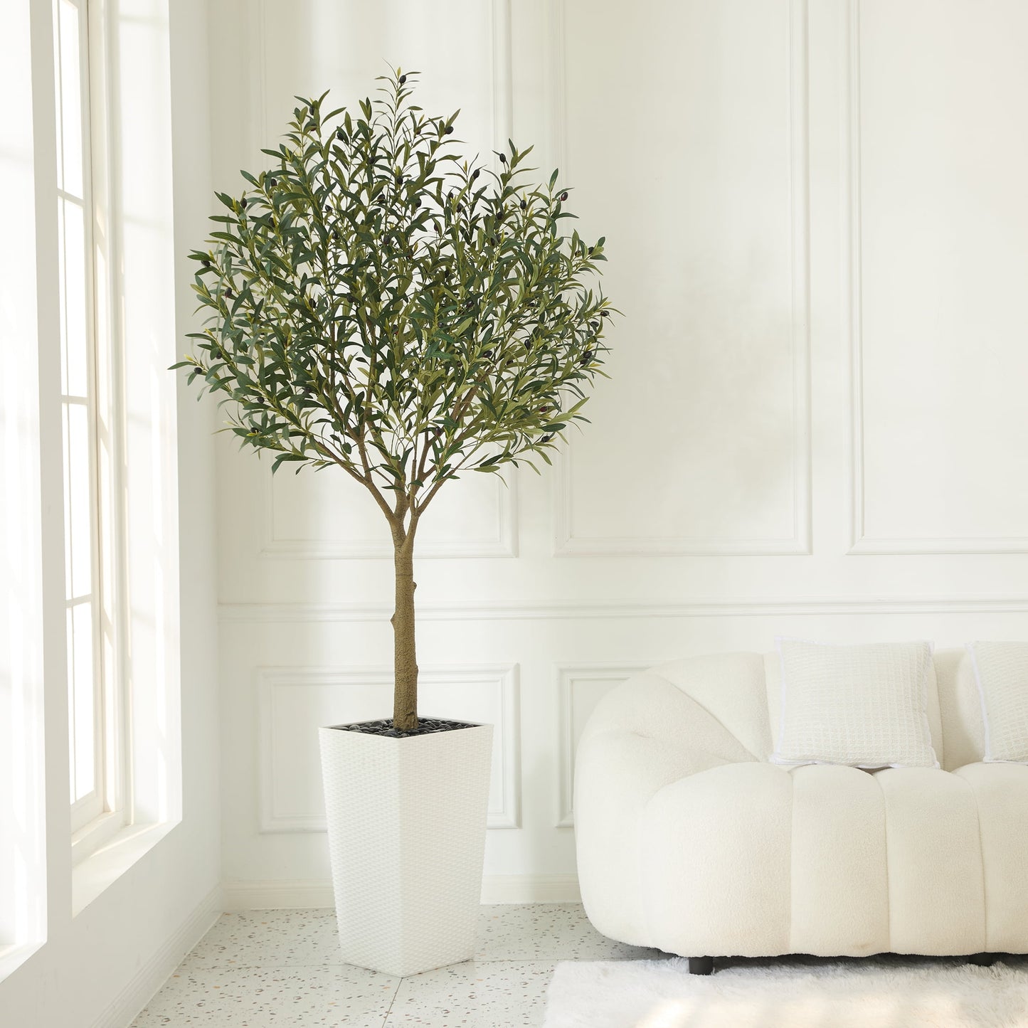 DR.Planzen UV Resistant 7ft Artificial Olive Tree in White Large Planter with Pebbles¨C Faux Olive Tree for Indoor and Outdoor Decor, Lifelike Greenery for Home & Garden Decor