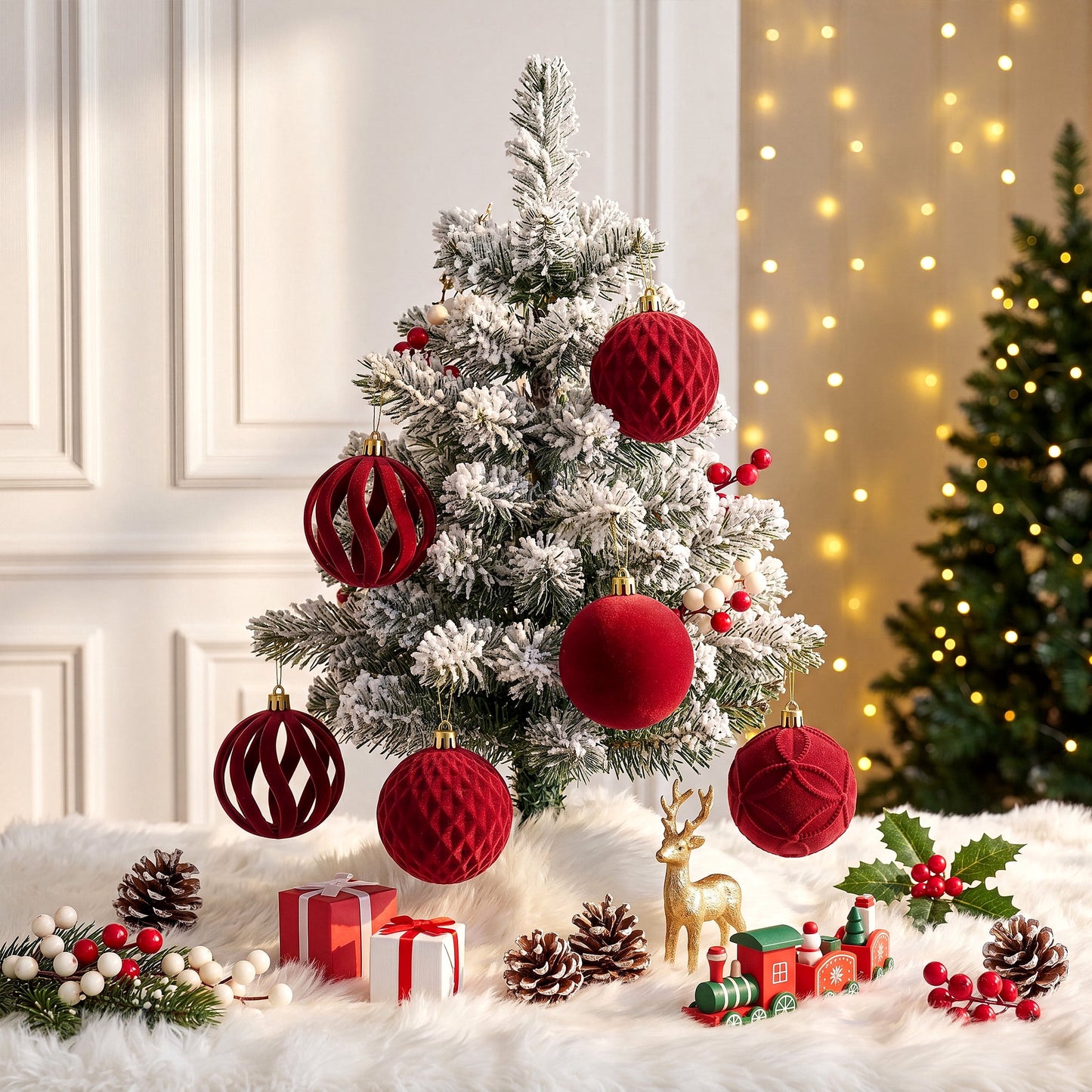 DR.Planzen 16ct 3.15" Burgundy Red Flocked Christmas Ornaments, Soft Velvet Foam Balls for Holiday Tree Decor, Non-Tarnish Indoor Xmas Decorations