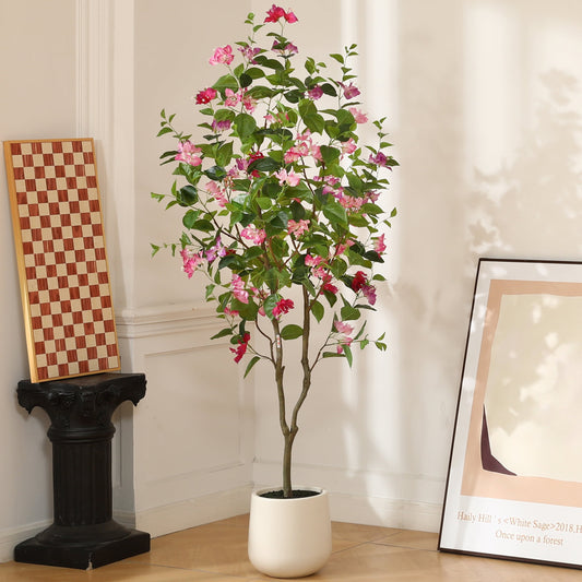 6ft Artificial Bougainvillea Tree with 10.5 inch White Planter, Tall Fake Bougainvillea Trees with Red Flowers, Faux Bougainvillea Silk Plants for Indoor, Plants for Home Decor