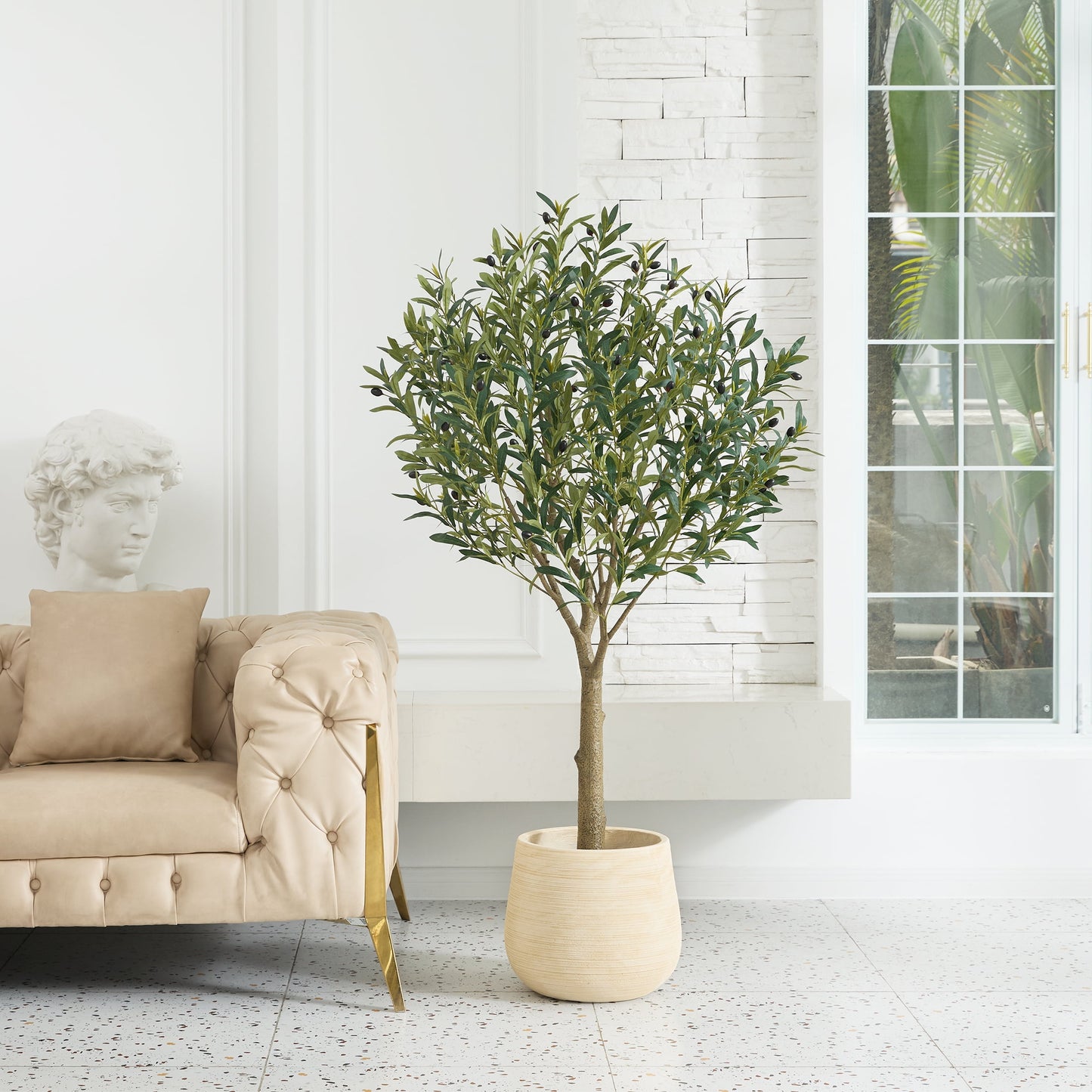 DR.Planzen 5ft Dense Artificial Olive Tree - Faux Olive Plant for Indoor & Outdoor Decor - Adjustable Branches - UV Resistant Realistic Olive Tree with Black Plastic Pot