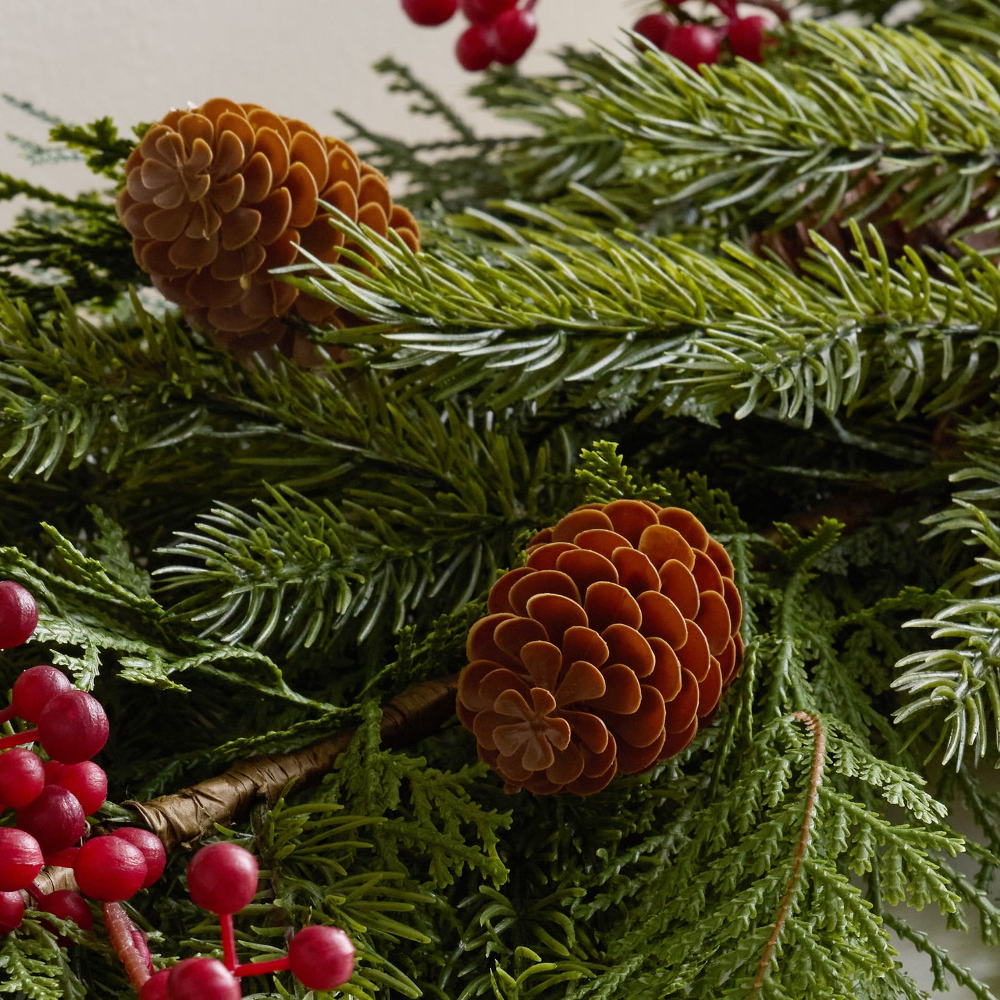 DR.Planzen 6ft Artificial Pine & Berry Foliage Spray with Red Cones, Long Flexible Greenery Garland for DIY Christmas Tree Filler, Wreaths & Vase Filler